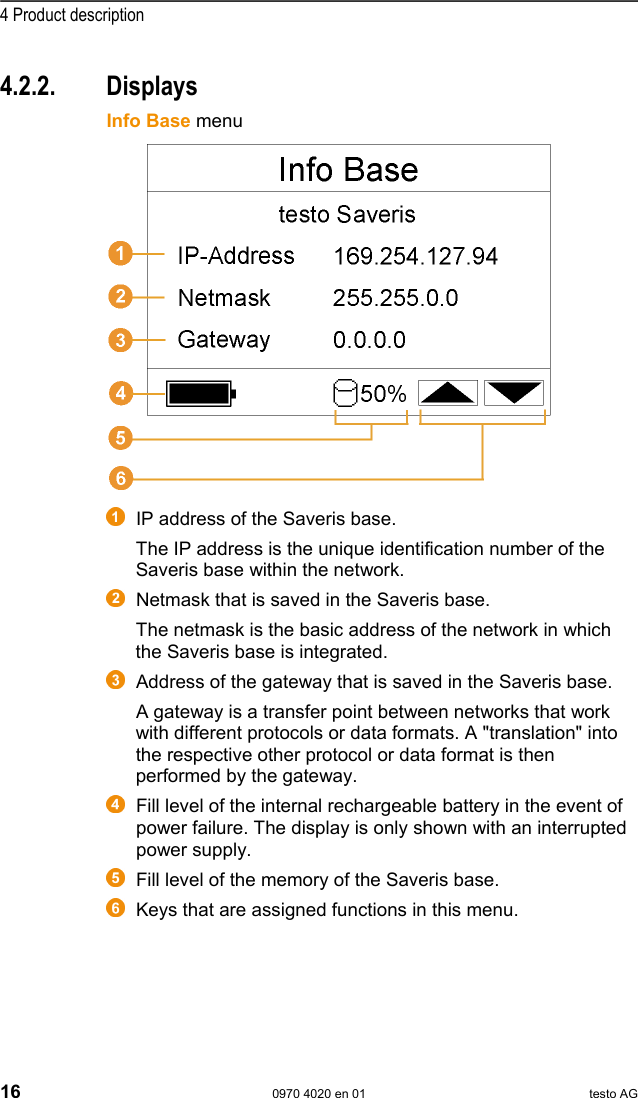  4 Product description 16  0970 4020 en 01 testo AG 4.2.2. Displays Info Base menu     IP address of the Saveris base. The IP address is the unique identification number of the Saveris base within the network.   Netmask that is saved in the Saveris base. The netmask is the basic address of the network in which the Saveris base is integrated.   Address of the gateway that is saved in the Saveris base. A gateway is a transfer point between networks that work with different protocols or data formats. A "translation" into the respective other protocol or data format is then performed by the gateway.   Fill level of the internal rechargeable battery in the event of power failure. The display is only shown with an interrupted power supply.   Fill level of the memory of the Saveris base.   Keys that are assigned functions in this menu.  