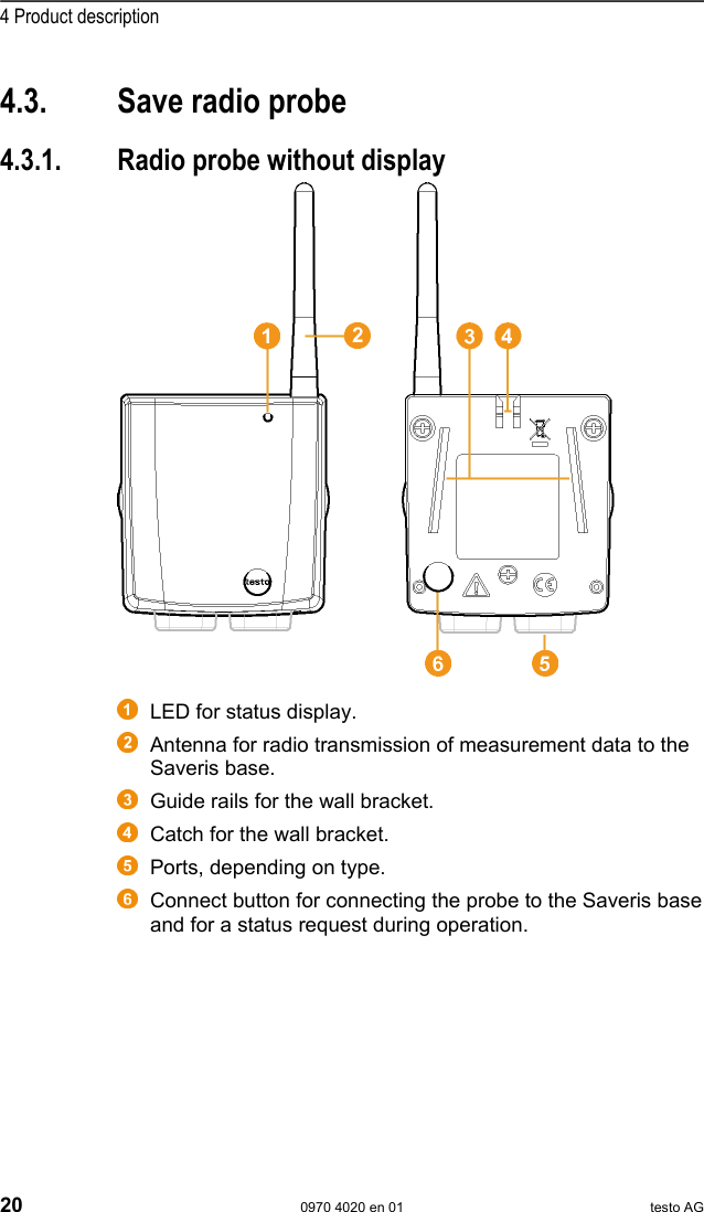  4 Product description 20  0970 4020 en 01 testo AG Pos: 32 /TD/Produktb eschreibung/&Uuml;bersic ht/testo Saveri s/01 Funkf&uuml;hler/00 Funkf &uuml;hler @ 0\mod_119028149 7265_79.doc @ 5041  4.3.  Save radio probe Pos: 33 /TD/Produktb eschreibung/&Uuml;bersic ht/testo Saveri s/01 Funkf&uuml;hler/01 Fun kf&uuml;hler ohne Display @ 0\ mod_1189496319546_79.doc  @ 4255  4.3.1.  Radio probe without display      LED for status display.   Antenna for radio transmission of measurement data to the Saveris base.  Guide rails for the wall bracket.   Catch for the wall bracket.   Ports, depending on type.   Connect button for connecting the probe to the Saveris base and for a status request during operation. 
