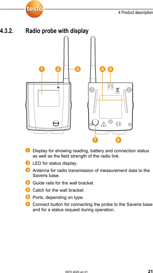  4 Product description  0970 4020 en 01 21  Pos: 34 /TD/Produktb eschreibung/&Uuml;bersic ht/testo Saveri s/01 Funkf&uuml;hler/02 Fun kf&uuml;hler mit Display @ 0\ mod_1189496687343_79.d oc @ 4264  4.3.2.  Radio probe with display      Display for showing reading, battery and connection status as well as the field strength of the radio link.  LED for status display.  Antenna for radio transmission of measurement data to the Saveris base.   Guide rails for the wall bracket.   Catch for the wall bracket.   Ports, depending on type.   Connect button for connecting the probe to the Saveris base and for a status request during operation. 