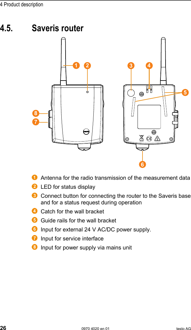  4 Product description 26  0970 4020 en 01 testo AG  Pos: 38 /TD/Produktb eschreibung/&Uuml;bersic ht/testo Saveri s/03 Router/01 Router @ 1\ mod_1197555862937_79. doc @ 6406  4.5. Saveris router      Antenna for the radio transmission of the measurement data   LED for status display  Connect button for connecting the router to the Saveris base and for a status request during operation   Catch for the wall bracket   Guide rails for the wall bracket   Input for external 24 V AC/DC power supply.   Input for service interface   Input for power supply via mains unit 12378456