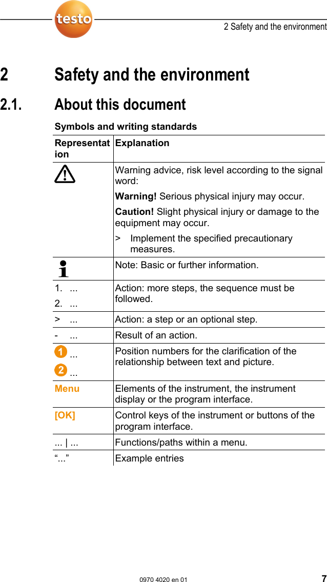  2 Safety and the environment  0970 4020 en 01 7  Pos: 3 /TD/&Uuml;berschr iften/2. Sicher heit und Umwelt @ 0\mod_11737747 19351_79.doc @ 292  2  Safety and the environment Pos: 4 /TD/&Uuml;berschr iften/2.1 Zu diesem Doku ment @ 0\mod_117377525235 1_79.doc @ 346  2.1.  About this document Pos: 5 /TD/Sicherhei t und Umwelt/Zu diesem Doku ment/Symbole und Schr eibkonv. [Saveris] @ 0\ mod_1193735939953_79. doc @ 5623  Symbols and writing standards  Representation  Explanation   Warning advice, risk level according to the signal word: Warning! Serious physical injury may occur. Caution! Slight physical injury or damage to the equipment may occur. >  Implement the specified precautionary measures.  Note: Basic or further information. 1. ... 2. ... Action: more steps, the sequence must be followed. >  ...  Action: a step or an optional step. -  ...  Result of an action.  ...  ... Position numbers for the clarification of the relationship between text and picture. Menu  Elements of the instrument, the instrument display or the program interface. [OK]  Control keys of the instrument or buttons of the program interface.  ... | ...  Functions/paths within a menu. &ldquo;...&rdquo; Example entries  Pos: 6 /TD/Sicherhei t und Umwelt/Zu diesem Doku ment/Verwendung (Sa veris) @ 0\mod_11913287705 62_79.doc @ 5412  
