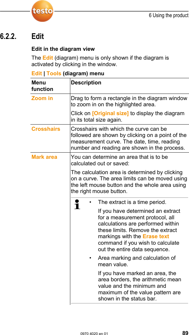  6 Using the product  0970 4020 en 01 89 6.2.2. Edit Pos: 109 /TD/Produkt  verwenden/testo Saver is/02 Men&uuml;s und Befehle der  Ribbon-Leiste/02 Be arbeiten/02 Bearbeit en (Diagramm) @ 0\mod_118960 6502281_79.doc @ 4555   Edit in the diagram view The Edit (diagram) menu is only shown if the diagram is activated by clicking in the window.  Edit | Tools (diagram) menu Menu function Description Zoom in  Drag to form a rectangle in the diagram window to zoom in on the highlighted area.  Click on [Original size] to display the diagram in its total size again. Crosshairs  Crosshairs with which the curve can be followed are shown by clicking on a point of the measurement curve. The date, time, reading number and reading are shown in the process. Mark area  You can determine an area that is to be calculated out or saved: The calculation area is determined by clicking on a curve. The area limits can be moved using the left mouse button and the whole area using the right mouse button.    &bull;  The extract is a time period.   If you have determined an extract for a measurement protocol, all calculations are performed within these limits. Remove the extract markings with the Erase text command if you wish to calculate out the entire data sequence. &bull;  Area marking and calculation of mean value. If you have marked an area, the area borders, the arithmetic mean value and the minimum and maximum of the value pattern are shown in the status bar.    