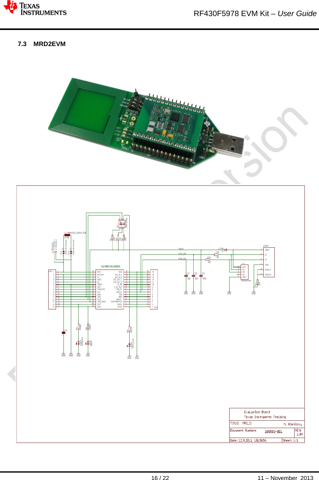        RF430F5978 EVM Kit – User Guide       16 / 22 11 – November  2013  7.3 MRD2EVM          