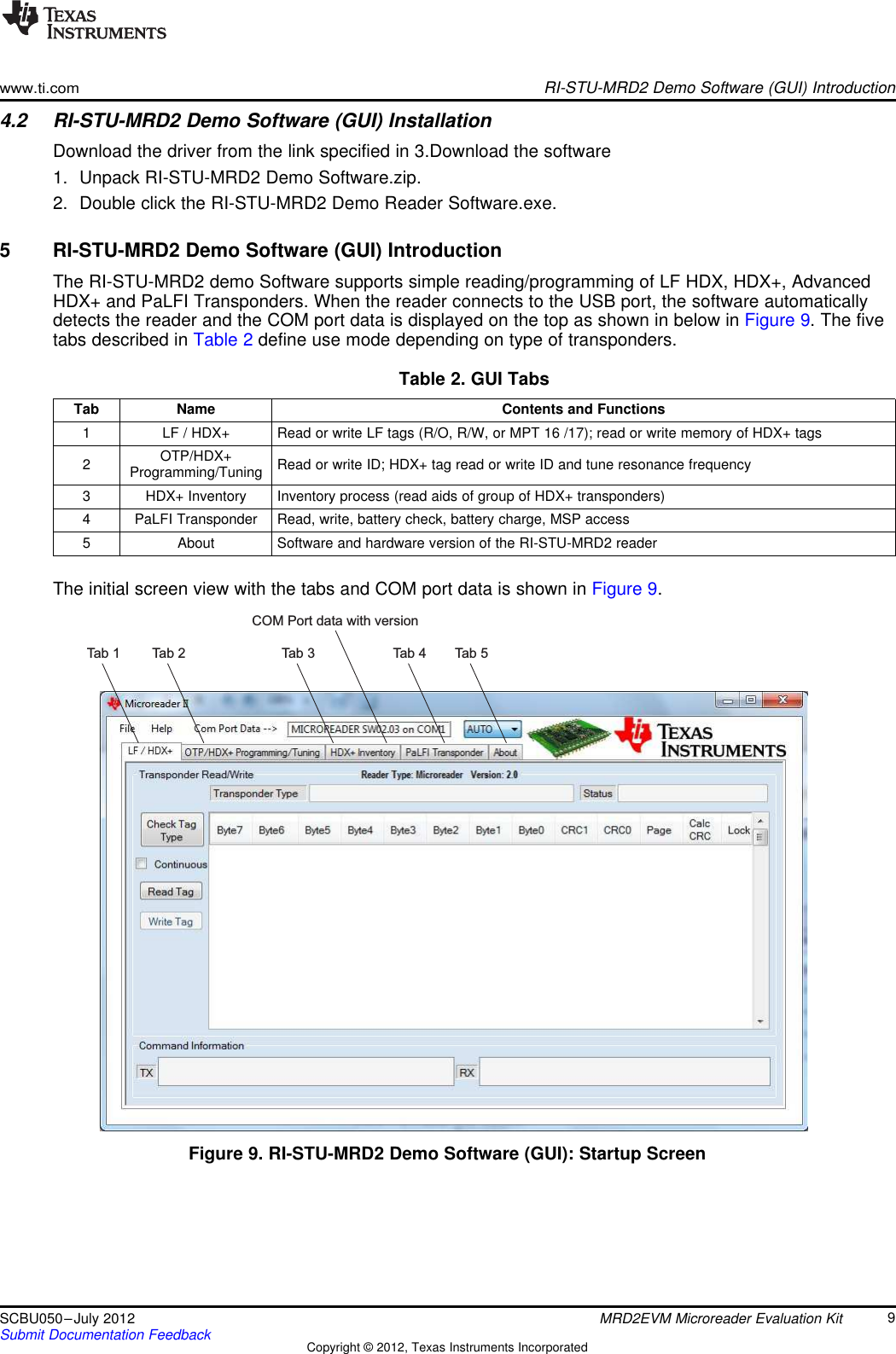 Tab 1 Tab 2 Tab 3COM Port data with versionTab 4 Tab 5www.ti.comRI-STU-MRD2 Demo Software (GUI) Introduction4.2 RI-STU-MRD2 Demo Software (GUI) InstallationDownload the driver from the link specified in 3.Download the software1. Unpack RI-STU-MRD2 Demo Software.zip.2. Double click the RI-STU-MRD2 Demo Reader Software.exe.5 RI-STU-MRD2 Demo Software (GUI) IntroductionThe RI-STU-MRD2 demo Software supports simple reading/programming of LF HDX, HDX+, AdvancedHDX+ and PaLFI Transponders. When the reader connects to the USB port, the software automaticallydetects the reader and the COM port data is displayed on the top as shown in below in Figure 9. The fivetabs described in Table 2 define use mode depending on type of transponders.Table 2. GUI TabsTab Name Contents and Functions1 LF / HDX+ Read or write LF tags (R/O, R/W, or MPT 16 /17); read or write memory of HDX+ tagsOTP/HDX+2 Read or write ID; HDX+ tag read or write ID and tune resonance frequencyProgramming/Tuning3 HDX+ Inventory Inventory process (read aids of group of HDX+ transponders)4 PaLFI Transponder Read, write, battery check, battery charge, MSP access5 About Software and hardware version of the RI-STU-MRD2 readerThe initial screen view with the tabs and COM port data is shown in Figure 9.Figure 9. RI-STU-MRD2 Demo Software (GUI): Startup Screen9SCBU050–July 2012 MRD2EVM Microreader Evaluation KitSubmit Documentation Feedback Copyright © 2012, Texas Instruments Incorporated