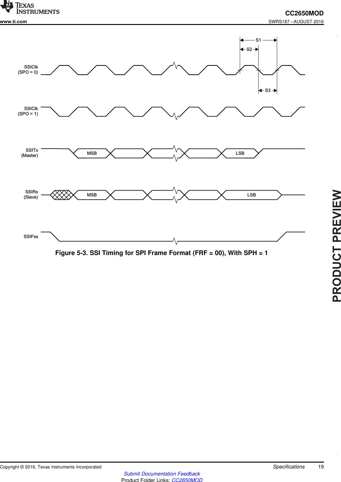 PRODUCTPREVIEWSSIClk(SPO = 1)SSITx(Master)SSIRx(Slave) LSBSSIClk(SPO = 0)S2S1SSIFssLSBS3MSBMSB19CC2650MODwww.ti.comSWRS187 –AUGUST 2016Submit Documentation FeedbackProduct Folder Links: CC2650MODSpecificationsCopyright © 2016, Texas Instruments IncorporatedFigure 5-3. SSI Timing for SPI Frame Format (FRF = 00), With SPH = 1