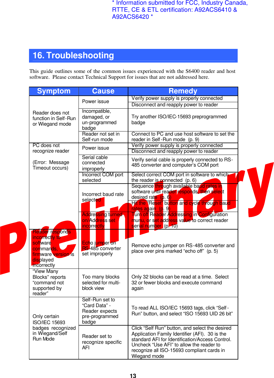  13 16. Troubleshooting    This guide outlines some of the common issues experienced with the S6400 reader and host software.  Please contact Technical Support for issues that are not addressed here.  Symptom Cause Remedy Verify power supply is properly connected Power issue Disconnect and reapply power to reader Incompatible, damaged, or un-programmed badge Try another ISO/IEC-15693 preprogrammed badge Reader does not function in Self-Run or Wiegand mode Reader not set in Self-run mode Connect to PC and use host software to set the reader in Self -Run mode  (p. 9) Verify power supply is properly connected Power issue Disconnect and reapply power to reader Serial cable connected improperly Verify serial cable is properly connected to RS-485 converter and computer’s COM port Incorrect COM port selected Select correct COM port in software to which the reader is connected  (p. 6) Sequence through available baud rates in software until reader responds, then select desired rate  (p. 6) Incorrect baud rate selected Hit the “Reset” button and cycle through baud rates again  (p. 9) PC does not recognize reader  (Error:  Message Timeout occurs) Addressing turned on/Address set incorrectly Turn off Reader Addressing in Configuration munu, or set address value to correct reader serial number  (p. 10) Reader responds incorrectly to software commands, firmware version is displayed incorrectly Echo jumper on RS-485 converter set improperly Remove echo jumper on RS-485 converter and place over pins marked “echo off”  (p. 5) “View Many Blocks” reports “command not supported by reader” Too many blocks selected for multi-block view  Only 32 blocks can be read at a time.  Select 32 or fewer blocks and execute command again Self-Run set to “Card Data” - Reader expects pre-programmed badge To read ALL ISO/IEC 15693 tags, click “Self -Run” button, and select “ISO 15693 UID 26 bit” Only certain ISO/IEC 15693 badges  recognized in Wiegand/Self Run Mode Reader set to recognize specific AFI Click “Self Run” button, and select the desired Application Family Identifier (AFI).  30 is the standard AFI for Identification/Access Control.  Uncheck “Use AFI” to allow the reader to recognize all ISO-15693 compliant cards in Wiegand mode  * Information submitted for FCC, Industry Canada,RTTE, CE &amp; ETL certification: A92ACS6410 &amp; A92ACS6420 *