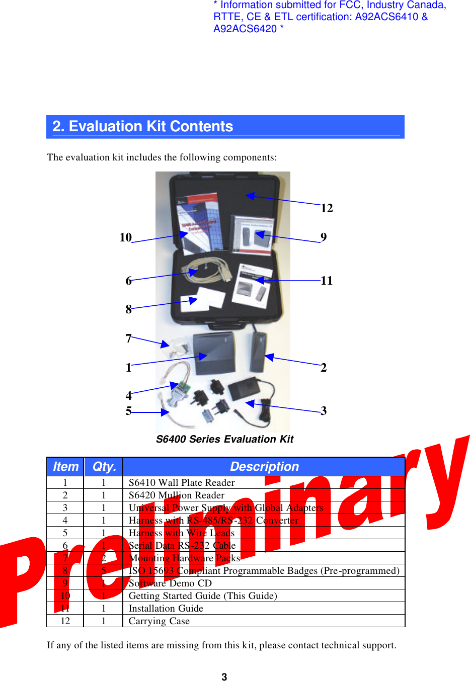  3  2. Evaluation Kit Contents    The evaluation kit includes the following components:        12    10  9     6  11    8    7    1  2    4   5  3  S6400 Series Evaluation Kit  Item Qty. Description 1 1 S6410 Wall Plate Reader 2 1 S6420 Mullion Reader 3 1 Universal Power Supply with Global Adapters 4 1 Harness with RS-485/RS-232 Converter 5 1 Harness with Wire Leads 6 1 Serial Data RS-232 Cable 7 2 Mounting Hardware Packs 8 5 ISO 15693 Compliant Programmable Badges (Pre-programmed) 9 1 Software Demo CD 10 1 Getting Started Guide (This Guide) 11 1 Installation Guide 12 1 Carrying Case  If any of the listed items are missing from this kit, please contact technical support.* Information submitted for FCC, Industry Canada,RTTE, CE &amp; ETL certification: A92ACS6410 &amp; A92ACS6420 *