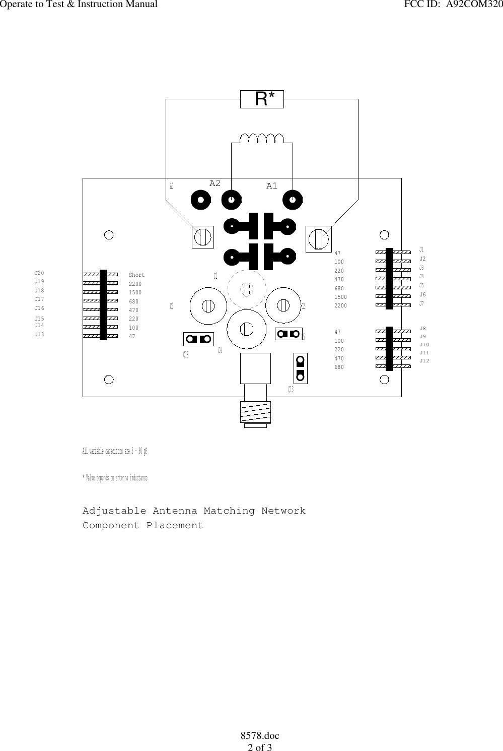 Operate to Test &amp; Instruction Manual                                                                                              FCC ID:  A92COM3208578.doc2 of 3A2J1J2J3J4J5J6J7J8J9J10J11J12A1J13J14J16J17J18J19J20J15A3C5C19Short1500220068047022010047150022006804702201004768047022010047C1C3 C2Adjustable Antenna Matching NetworkComponent PlacementAll variable capacitors are5-90pFR** Value depends on antenna inductanceC13C4