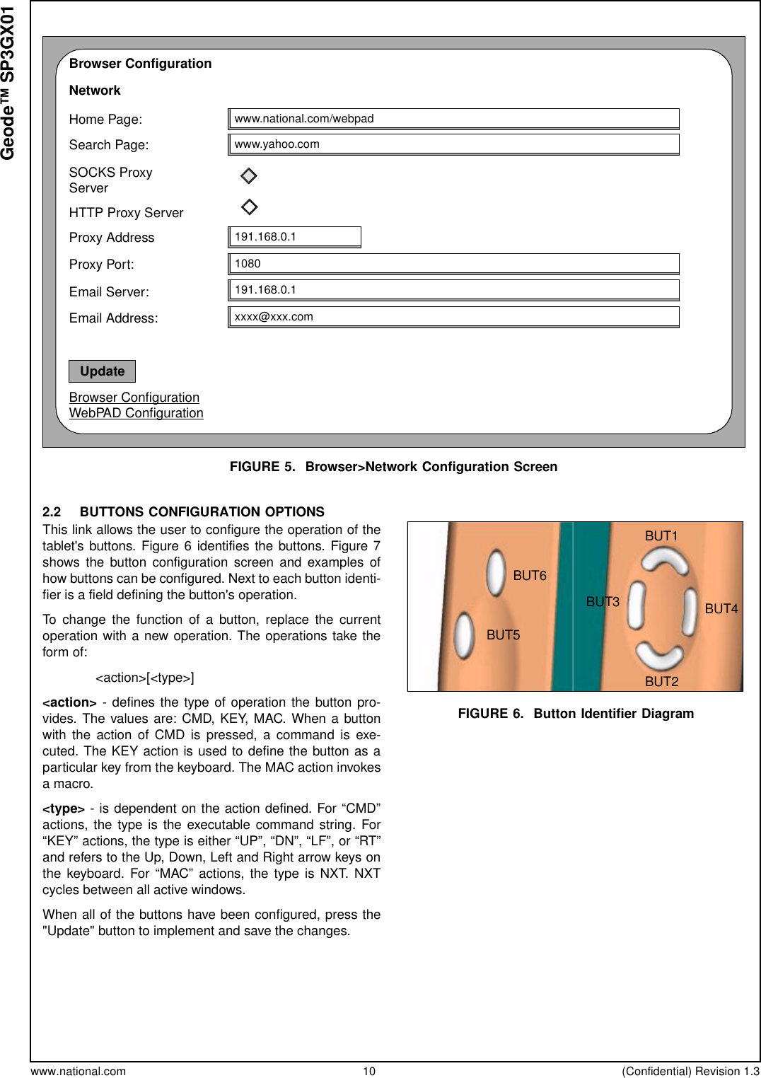 www.national.com 10 (Confidential) Revision 1.3Geode™ SP3GX01FIGURE 5. Browser&gt;Network Configuration Screen2.2 BUTTONS CONFIGURATION OPTIONSThis link allows the user to configure the operation of thetablet&apos;s buttons. Figure 6 identifies the buttons. Figure 7shows the button configuration screen and examples ofhow buttons can be configured. Next to each button identi-fier is a field defining the button&apos;s operation.To change the function of a button, replace the currentoperation with a new operation. The operations take theform of:&lt;action&gt;[&lt;type&gt;]&lt;action&gt; - defines the type of operation the button pro-vides. The values are: CMD, KEY, MAC. When a buttonwith the action of CMD is pressed, a command is exe-cuted. The KEY action is used to define the button as aparticular key from the keyboard. The MAC action invokesamacro.&lt;type&gt; - is dependent on the action defined. For “CMD”actions, the type is the executable command string. For“KEY” actions, the type is either “UP”, “DN”, “LF”, or “RT”and refers to the Up, Down, Left and Right arrow keys onthe keyboard. For “MAC” actions, the type is NXT. NXTcycles between all active windows.When all of the buttons have been configured, press the&quot;Update&quot; button to implement and save the changes.FIGURE 6. Button Identifier DiagramBrowser ConfigurationNetworkHome Page:Search Page:SOCKS ProxyHTTP Proxy ServerProxy AddressProxy Port:www.national.com/webpadwww.yahoo.com191.168.0.11080191.168.0.1Email Server:xxxx@xxx.comEmail Address:ServerBrowser ConfigurationWebPAD ConfigurationUpdateBUT1BUT2BUT4BUT3BUT6BUT5