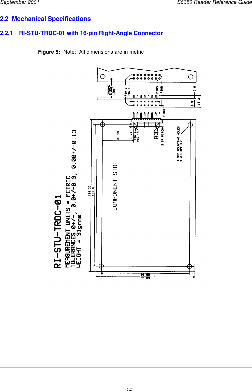 September 2001                 S6350 Reader Reference Guide142.2 Mechanical Specifications2.2.1 RI-STU-TRDC-01 with 16-pin Right-Angle ConnectorFigure 5:  Note:  All dimensions are in metric