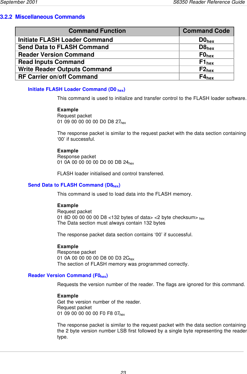 September 2001       S6350 Reader Reference Guide233.2.2  Miscellaneous CommandsCommand Function Command CodeInitiate FLASH Loader Command D0hexSend Data to FLASH Command D8hexReader Version Command F0hexRead Inputs Command F1hexWrite Reader Outputs Command F2hexRF Carrier on/off Command F4hexInitiate FLASH Loader Command (D0 hex)This command is used to initialize and transfer control to the FLASH loader software.ExampleRequest packet01 09 00 00 00 00 D0 D8 27hexThe response packet is similar to the request packet with the data section containing‘00’ if successful.ExampleResponse packet01 0A 00 00 00 00 D0 00 DB 24hexFLASH loader initialised and control transferred.Send Data to FLASH Command (D8hex)This command is used to load data into the FLASH memory.ExampleRequest packet01 8D 00 00 00 00 D8 &lt;132 bytes of data&gt; &lt;2 byte checksum&gt; hexThe Data section must always contain 132 bytesThe response packet data section contains ‘00’ if successful.ExampleResponse packet01 0A 00 00 00 00 D8 00 D3 2ChexThe section of FLASH memory was programmed correctly.Reader Version Command (F0hex)Requests the version number of the reader. The flags are ignored for this command.ExampleGet the version number of the reader.Request packet01 09 00 00 00 00 F0 F8 07hexThe response packet is similar to the request packet with the data section containingthe 2 byte version number LSB first followed by a single byte representing the readertype.