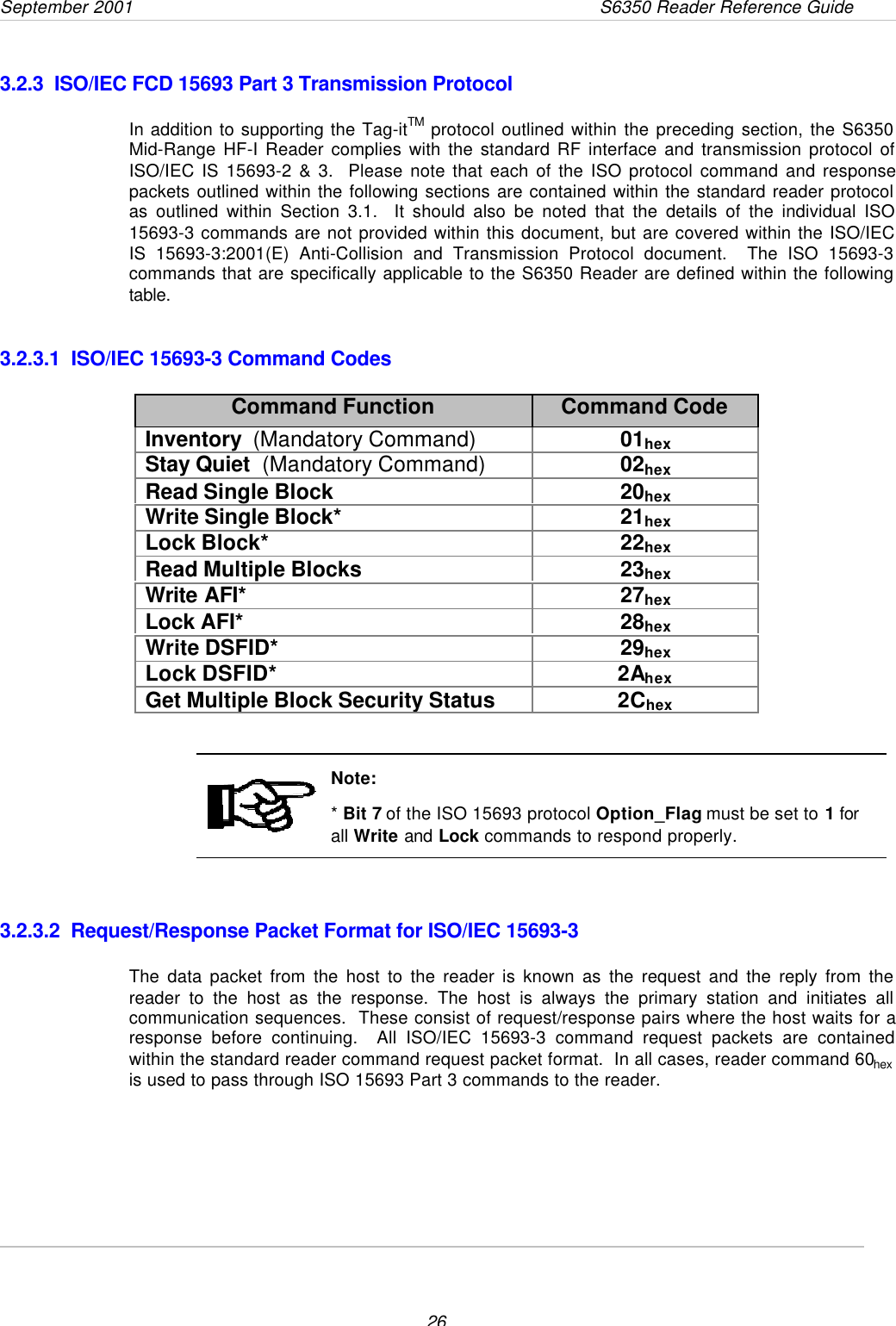 September 2001                 S6350 Reader Reference Guide263.2.3  ISO/IEC FCD 15693 Part 3 Transmission ProtocolIn addition to supporting the Tag-itTM protocol outlined within the preceding section, the S6350Mid-Range HF-I Reader complies with the standard RF interface and transmission protocol ofISO/IEC IS 15693-2 &amp; 3.  Please note that each of the ISO protocol command and responsepackets outlined within the following sections are contained within the standard reader protocolas outlined within Section 3.1.  It should also be noted that the details of the individual ISO15693-3 commands are not provided within this document, but are covered within the ISO/IECIS 15693-3:2001(E) Anti-Collision and Transmission Protocol document.  The ISO 15693-3commands that are specifically applicable to the S6350 Reader are defined within the followingtable.3.2.3.1  ISO/IEC 15693-3 Command CodesCommand Function Command CodeInventory  (Mandatory Command) 01hexStay Quiet  (Mandatory Command) 02hexRead Single Block 20hexWrite Single Block* 21hexLock Block* 22hexRead Multiple Blocks 23hexWrite AFI* 27hexLock AFI* 28hexWrite DSFID* 29hexLock DSFID* 2AhexGet Multiple Block Security Status 2ChexNote:* Bit 7 of the ISO 15693 protocol Option_Flag must be set to 1 forall Write and Lock commands to respond properly.3.2.3.2  Request/Response Packet Format for ISO/IEC 15693-3The data packet from the host to the reader is known as the request and the reply from thereader to the host as the response. The host is always the primary station and initiates allcommunication sequences.  These consist of request/response pairs where the host waits for aresponse before continuing.  All ISO/IEC 15693-3 command request packets are containedwithin the standard reader command request packet format.  In all cases, reader command 60hexis used to pass through ISO 15693 Part 3 commands to the reader.