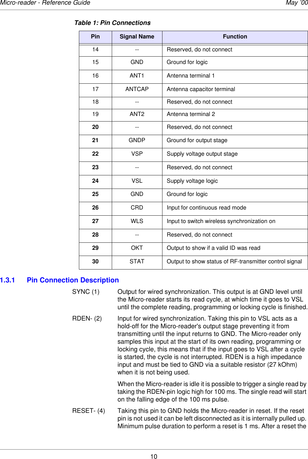 10Micro-reader - Reference Guide May ’001.3.1 Pin Connection DescriptionSYNC (1) Output for wired synchronization. This output is at GND level until the Micro-reader starts its read cycle, at which time it goes to VSL until the complete reading, programming or locking cycle is finished.RDEN- (2) Input for wired synchronization. Taking this pin to VSL acts as a hold-off for the Micro-reader&apos;s output stage preventing it from transmitting until the input returns to GND. The Micro-reader only samples this input at the start of its own reading, programming or locking cycle, this means that if the input goes to VSL after a cycle is started, the cycle is not interrupted. RDEN is a high impedance input and must be tied to GND via a suitable resistor (27 kOhm) when it is not being used. When the Micro-reader is idle it is possible to trigger a single read by taking the RDEN-pin logic high for 100 ms. The single read will start on the falling edge of the 100 ms pulse.RESET- (4) Taking this pin to GND holds the Micro-reader in reset. If the reset pin is not used it can be left disconnected as it is internally pulled up. Minimum pulse duration to perform a reset is 1 ms. After a reset the 14 -- Reserved, do not connect15 GND Ground for logic16 ANT1 Antenna terminal 117 ANTCAP Antenna capacitor terminal18 -- Reserved, do not connect19 ANT2 Antenna terminal 220 -- Reserved, do not connect21 GNDP Ground for output stage22 VSP Supply voltage output stage23 -- Reserved, do not connect24 VSL Supply voltage logic25 GND Ground for logic26 CRD Input for continuous read mode27 WLS Input to switch wireless synchronization on28 -- Reserved, do not connect29 OKT Output to show if a valid ID was read30 STAT Output to show status of RF-transmitter control signal  Table 1: Pin ConnectionsPin Signal Name Function 