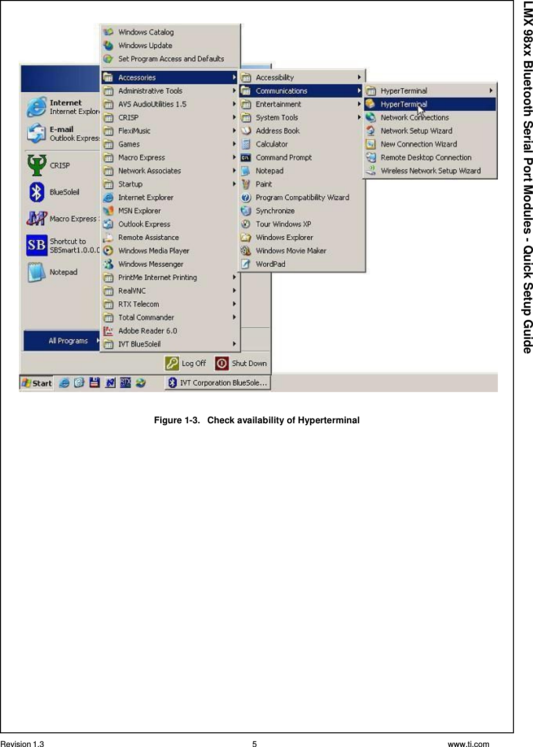 Revision 1.3 5 www.ti.com  LMX 98xx Bluetooth Serial Port Modules - Quick Setup Guide    Figure 1-3.   Check availability of Hyperterminal 