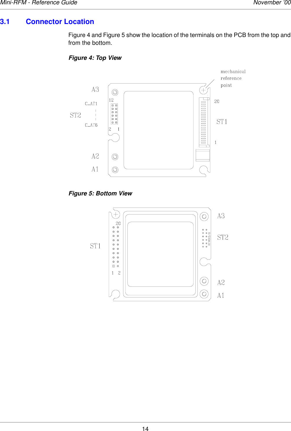 14Mini-RFM - Reference Guide November ’003.1 Connector LocationFigure 4 and Figure 5 show the location of the terminals on the PCB from the top andfrom the bottom. Figure 4: Top ViewFigure 5: Bottom View