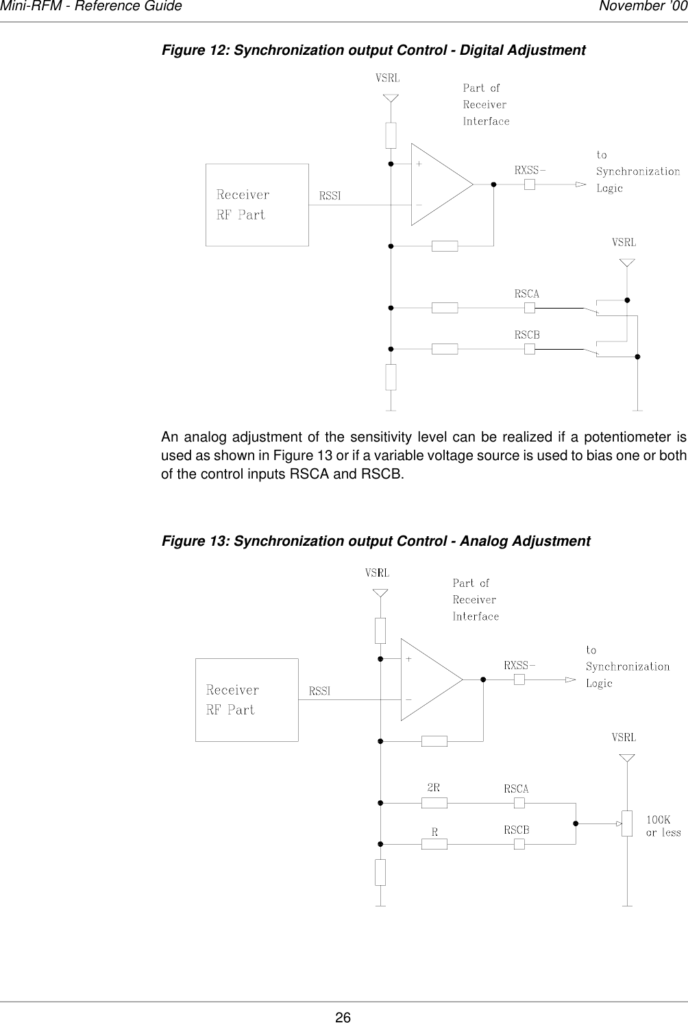 26Mini-RFM - Reference Guide November ’00Figure 12: Synchronization output Control - Digital AdjustmentAn analog adjustment of the sensitivity level can be realized if a potentiometer isused as shown in Figure 13 or if a variable voltage source is used to bias one or bothof the control inputs RSCA and RSCB. Figure 13: Synchronization output Control - Analog Adjustment