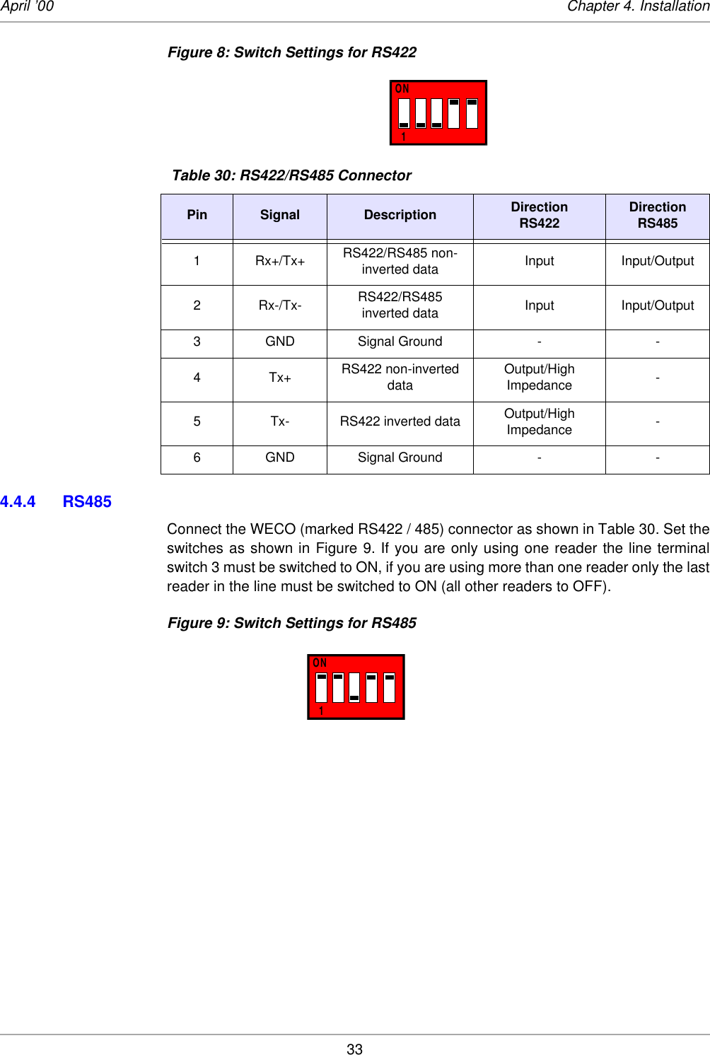 33April ’00 Chapter 4. InstallationFigure 8: Switch Settings for RS4224.4.4 RS485Connect the WECO (marked RS422 / 485) connector as shown in Table 30. Set theswitches as shown in Figure 9. If you are only using one reader the line terminalswitch 3 must be switched to ON, if you are using more than one reader only the lastreader in the line must be switched to ON (all other readers to OFF). Figure 9: Switch Settings for RS485 Table 30: RS422/RS485 ConnectorPin Signal Description DirectionRS422 DirectionRS4851Rx+/Tx+RS422/RS485 non-inverted data Input Input/Output2 Rx-/Tx- RS422/RS485 inverted data Input Input/Output3 GND Signal Ground - -4Tx+RS422 non-inverted data Output/High Impedance -5 Tx- RS422 inverted data Output/High Impedance -6 GND Signal Ground - -ON1ON1