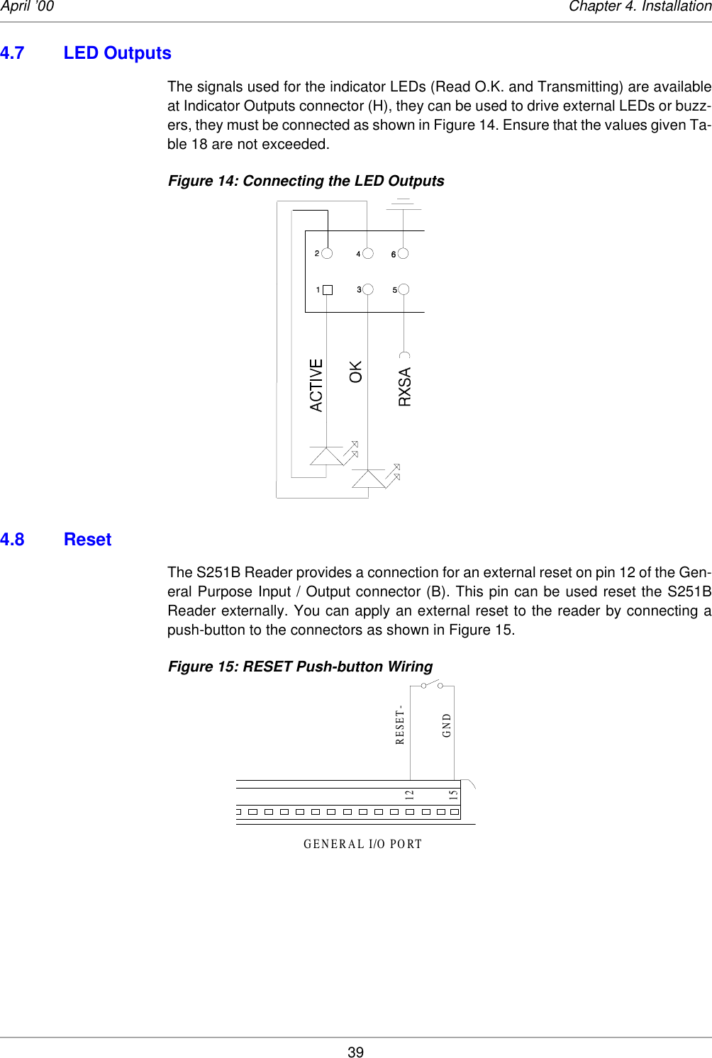 39April ’00 Chapter 4. Installation4.7 LED OutputsThe signals used for the indicator LEDs (Read O.K. and Transmitting) are availableat Indicator Outputs connector (H), they can be used to drive external LEDs or buzz-ers, they must be connected as shown in Figure 14. Ensure that the values given Ta-ble 18 are not exceeded. Figure 14: Connecting the LED Outputs4.8 ResetThe S251B Reader provides a connection for an external reset on pin 12 of the Gen-eral Purpose Input / Output connector (B). This pin can be used reset the S251BReader externally. You can apply an external reset to the reader by connecting apush-button to the connectors as shown in Figure 15. Figure 15: RESET Push-button WiringGENERAL I/O PORTRESET-GND1215