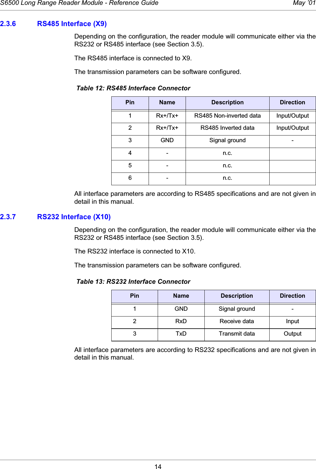 14S6500 Long Range Reader Module - Reference Guide May ’012.3.6 RS485 Interface (X9)Depending on the configuration, the reader module will communicate either via theRS232 or RS485 interface (see Section 3.5). The RS485 interface is connected to X9.The transmission parameters can be software configured.All interface parameters are according to RS485 specifications and are not given indetail in this manual. 2.3.7 RS232 Interface (X10)Depending on the configuration, the reader module will communicate either via theRS232 or RS485 interface (see Section 3.5). The RS232 interface is connected to X10.The transmission parameters can be software configured.All interface parameters are according to RS232 specifications and are not given indetail in this manual.  Table 12: RS485 Interface ConnectorPin Name Description Direction1 Rx+/Tx+ RS485 Non-inverted data Input/Output2 Rx+/Tx+ RS485 Inverted data Input/Output3 GND Signal ground -4- n.c.5- n.c.6- n.c. Table 13: RS232 Interface ConnectorPin Name Description Direction1 GND Signal ground -2 RxD Receive data Input3 TxD Transmit data Output