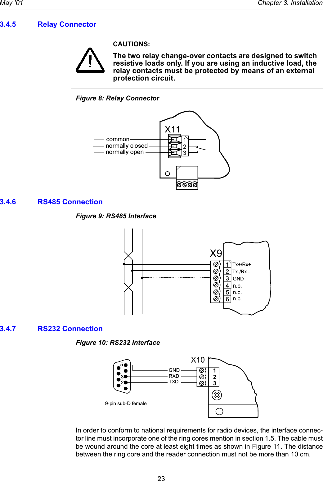 23May ’01 Chapter 3. Installation3.4.5 Relay Connector Figure 8: Relay Connector 3.4.6 RS485 ConnectionFigure 9: RS485 Interface3.4.7 RS232 ConnectionFigure 10: RS232 InterfaceIn order to conform to national requirements for radio devices, the interface connec-tor line must incorporate one of the ring cores mention in section 1.5. The cable mustbe wound around the core at least eight times as shown in Figure 11. The distancebetween the ring core and the reader connection must not be more than 10 cm. CAUTIONS:The two relay change-over contacts are designed to switch resistive loads only. If you are using an inductive load, the relay contacts must be protected by means of an external protection circuit. X11123commonnormally opennormally closed123456X9  Tx+/Rx+   Tx-/Rx - GNDn.c.n.c.n.c.123X10 GND  RXD  TXD 5329-pin sub-D female