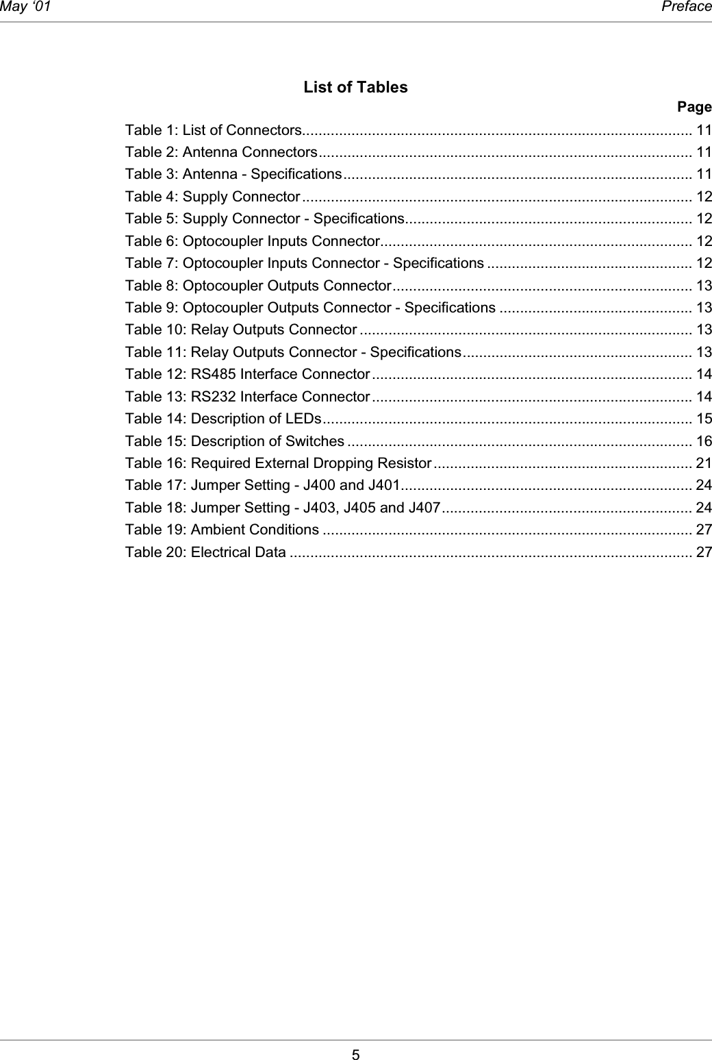 5May ‘01 PrefaceList of TablesPageTable 1: List of Connectors............................................................................................... 11Table 2: Antenna Connectors........................................................................................... 11Table 3: Antenna - Specifications..................................................................................... 11Table 4: Supply Connector............................................................................................... 12Table 5: Supply Connector - Specifications...................................................................... 12Table 6: Optocoupler Inputs Connector............................................................................ 12Table 7: Optocoupler Inputs Connector - Specifications .................................................. 12Table 8: Optocoupler Outputs Connector......................................................................... 13Table 9: Optocoupler Outputs Connector - Specifications ............................................... 13Table 10: Relay Outputs Connector ................................................................................. 13Table 11: Relay Outputs Connector - Specifications........................................................ 13Table 12: RS485 Interface Connector .............................................................................. 14Table 13: RS232 Interface Connector .............................................................................. 14Table 14: Description of LEDs.......................................................................................... 15Table 15: Description of Switches .................................................................................... 16Table 16: Required External Dropping Resistor............................................................... 21Table 17: Jumper Setting - J400 and J401....................................................................... 24Table 18: Jumper Setting - J403, J405 and J407............................................................. 24Table 19: Ambient Conditions .......................................................................................... 27Table 20: Electrical Data .................................................................................................. 27