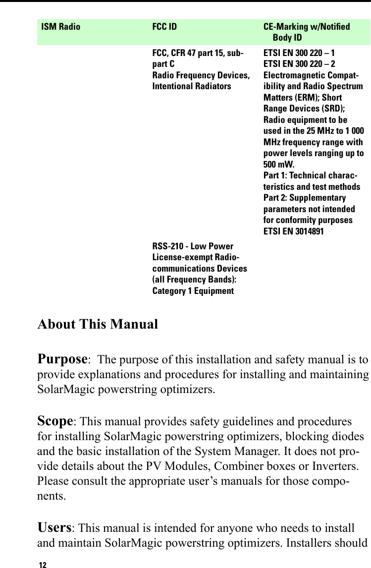 12ISM Radio FCC ID CE-Marking w/Notiﬁed Body IDFCC, CFR 47 part 15, sub-part CRadio Frequency Devices, Intentional RadiatorsETSI EN 300 220 – 1ETSI EN 300 220 – 2Electromagnetic Compat-ibility and Radio Spectrum Matters (ERM); Short Range Devices (SRD); Radio equipment to be used in the 25 MHz to 1 000 MHz frequency range with power levels ranging up to 500 mW.Part 1: Technical charac-teristics and test methodsPart 2: Supplementary parameters not intended for conformity purposesETSI EN 3014891RSS-210 - Low Power License-exempt Radio-communications Devices (all Frequency Bands): Category 1 EquipmentAbout This ManualPurpose:  The purpose of this installation and safety manual is to provide explanations and procedures for installing and maintaining SolarMagic powerstring optimizers.Scope: This manual provides safety guidelines and procedures for installing SolarMagic powerstring optimizers, blocking diodes and the basic installation of the System Manager. It does not pro-vide details about the PV Modules, Combiner boxes or Inverters.  Please consult the appropriate user’s manuals for those compo-nents.Users: This manual is intended for anyone who needs to install and maintain SolarMagic powerstring optimizers. Installers should 