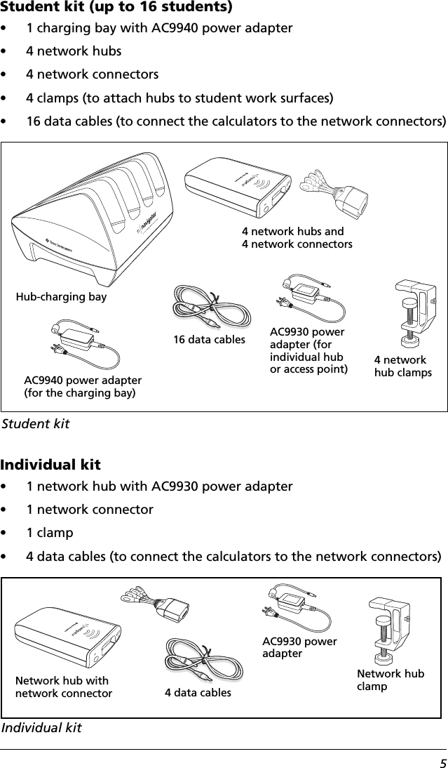 5Student kit (up to 16 students)• 1 charging bay with AC9940 power adapter• 4 network hubs• 4 network connectors• 4 clamps (to attach hubs to student work surfaces)• 16 data cables (to connect the calculators to the network connectors)Individual kit• 1 network hub with AC9930 power adapter • 1 network connector•1 clamp• 4 data cables (to connect the calculators to the network connectors)Student kitHub-charging bay4 network hub clamps4 network hubs and4 network connectorsAC9940 power adapter (for the charging bay)16 data cables AC9930 power adapter (for individual hub or access point)Network hub with network connectorNetwork hub clampIndividual kitAC9930 power adapter4 data cables