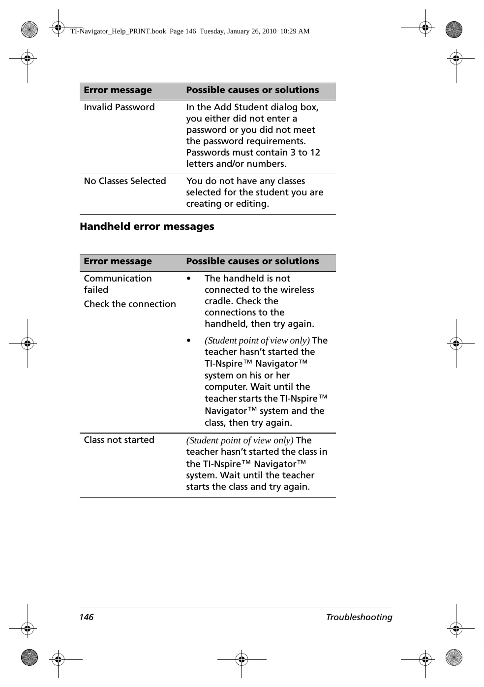146 TroubleshootingHandheld error messagesInvalid Password  In the Add Student dialog box, you either did not enter a password or you did not meet the password requirements. Passwords must contain 3 to 12 letters and/or numbers.No Classes Selected You do not have any classes selected for the student you are creating or editing.Error message Possible causes or solutionsCommunication failedCheck the connection• The handheld is not connected to the wireless cradle. Check the connections to the handheld, then try again.•(Student point of view only) The teacher hasn’t started the TI-Nspire™ Navigator™ system on his or her computer. Wait until the teacher starts the TI-Nspire™ Navigator™ system and the class, then try again.Class not started (Student point of view only) The teacher hasn’t started the class in the TI-Nspire™ Navigator™ system. Wait until the teacher starts the class and try again.Error message Possible causes or solutionsTI-Navigator_Help_PRINT.book  Page 146  Tuesday, January 26, 2010  10:29 AM
