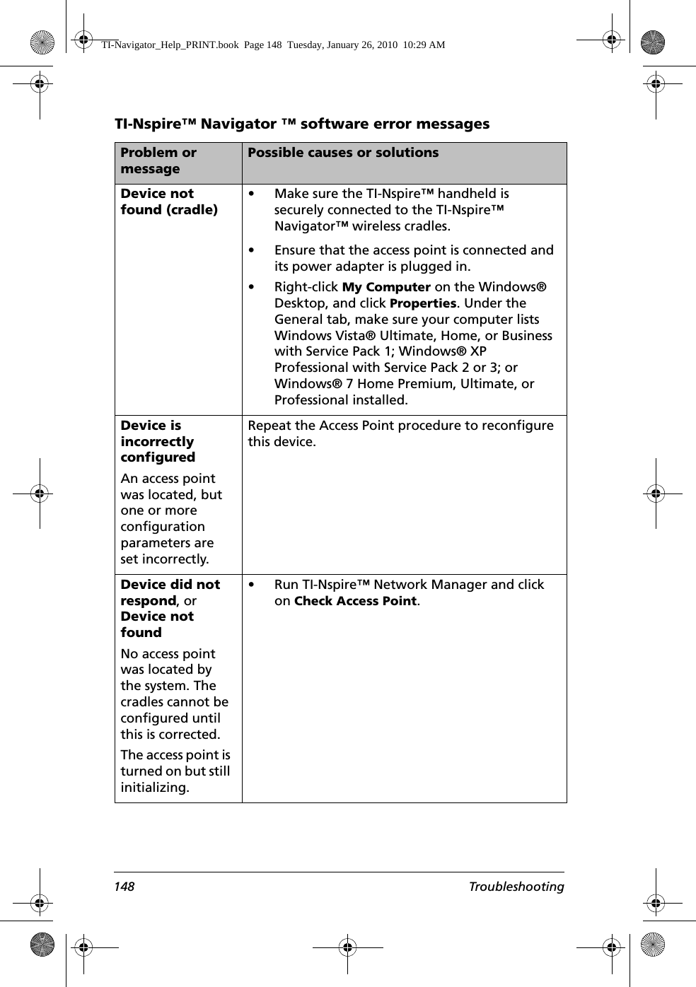 148 TroubleshootingTI-Nspire™ Navigator ™ software error messagesProblem or messagePossible causes or solutionsDevice not found (cradle)• Make sure the TI-Nspire™ handheld is securely connected to the TI-Nspire™ Navigator™ wireless cradles.• Ensure that the access point is connected and its power adapter is plugged in.• Right-click My Computer on the Windows® Desktop, and click Properties. Under the General tab, make sure your computer lists Windows Vista® Ultimate, Home, or Business with Service Pack 1; Windows® XP Professional with Service Pack 2 or 3; or Windows® 7 Home Premium, Ultimate, or Professional installed.Device is incorrectly configuredAn access point was located, but one or more configuration parameters are set incorrectly.Repeat the Access Point procedure to reconfigure this device. Device did not respond, or Device not foundNo access point was located by the system. The cradles cannot be configured until this is corrected.The access point is turned on but still initializing.• Run TI-Nspire™ Network Manager and click on Check Access Point.TI-Navigator_Help_PRINT.book  Page 148  Tuesday, January 26, 2010  10:29 AM
