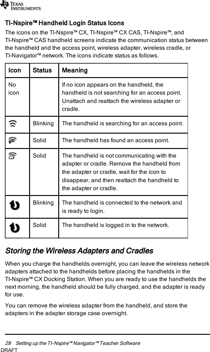28 Setting up the TI-Nspire™ Navigator™ Teacher SoftwareTI-Nspire™ Handheld Login Status IconsThe icons on the TI-Nspire™ CX, TI-Nspire™ CX CAS, TI-Nspire™, andTI-Nspire™ CAS handheld screens indicate the communication status betweenthe handheld and the access point, wireless adapter, wireless cradle, orTI-Navigator™ network. The icons indicate status as follows.Icon Status MeaningNoiconIf no icon appears on the handheld, thehandheld is not searching for an access point.Unattach and reattach the wireless adapter orcradle.Blinking The handheld is searching for an access point.Solid The handheld has found an access point.Solid The handheld is not communicating with theadapter or cradle. Remove the handheld fromthe adapter or cradle, wait for the icon todisappear, and then reattach the handheld tothe adapter or cradle.Blinking The handheld is connected to the network andis ready to login.Solid The handheld is logged in to the network.Storing the Wireless Adapters and CradlesWhen you charge the handhelds overnight, you can leave the wireless networkadapters attached to the handhelds before placing the handhelds in theTI-Nspire™ CX Docking Station. When you are ready to use the handhelds thenext morning, the handheld should be fully charged, and the adapter is readyfor use.You can remove the wireless adapter from the handheld, and store theadapters in the adapter storage case overnight.DRAFT