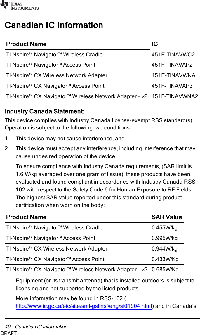 0.685W/Kg0.433W/Kg0.944W/kg0.995W/kg0.455W/kg40 Canadian IC InformationCanadian IC InformationProduct Name ICTI-Nspire™ Navigator™ Wireless Cradle 451E-TINAVWC2TI-Nspire™ Navigator™ Access Point 451F-TINAVAP2TI-Nspire™ CX Wireless Network Adapter 451E-TINAVWNATI-Nspire™ CX Navigator™ Access Point 451F-TINAVAP3TI-Nspire™ CX Navigator™ Wireless Network Adapter –v2451F-TINAVWNA2Industry Canada Statement:This device complies with Industry Canada license-exempt RSS standard(s).Operation is subject to the following two conditions:1. This device may not cause interference, and2. This device must accept any interference, including interference that maycause undesired operation of the device.To ensure compliance with Industry Canada requirements, (SAR limit is1.6 W/kg averaged over one gram of tissue), these products have beenevaluated and found compliant in accordance with Industry Canada RSS-102 with respect to the Safety Code 6 for Human Exposure to RF Fields.The highest SAR value reported under this standard during productcertification when worn on the body:Product Name SARValueTI-Nspire™ Navigator™ Wireless CradleTI-Nspire™ Navigator™ Access PointTI-Nspire™ CX Wireless Network AdapterTI-Nspire™ CX Navigator™ Access PointTI-Nspire™ CX Navigator™ Wireless Network Adapter –v2Equipment (or its transmit antenna) that is installed outdoors is subject tolicensing and not supported by the listed products.More information may be found in RSS-102 (http://www.ic.gc.ca/eic/site/smt-gst.nsf/eng/sf01904.html) and in Canada’sDRAFT