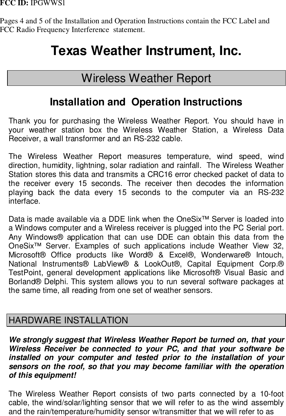 Texas Weather Instruments WWS1 Wireless Weather Station Transmitter 15.