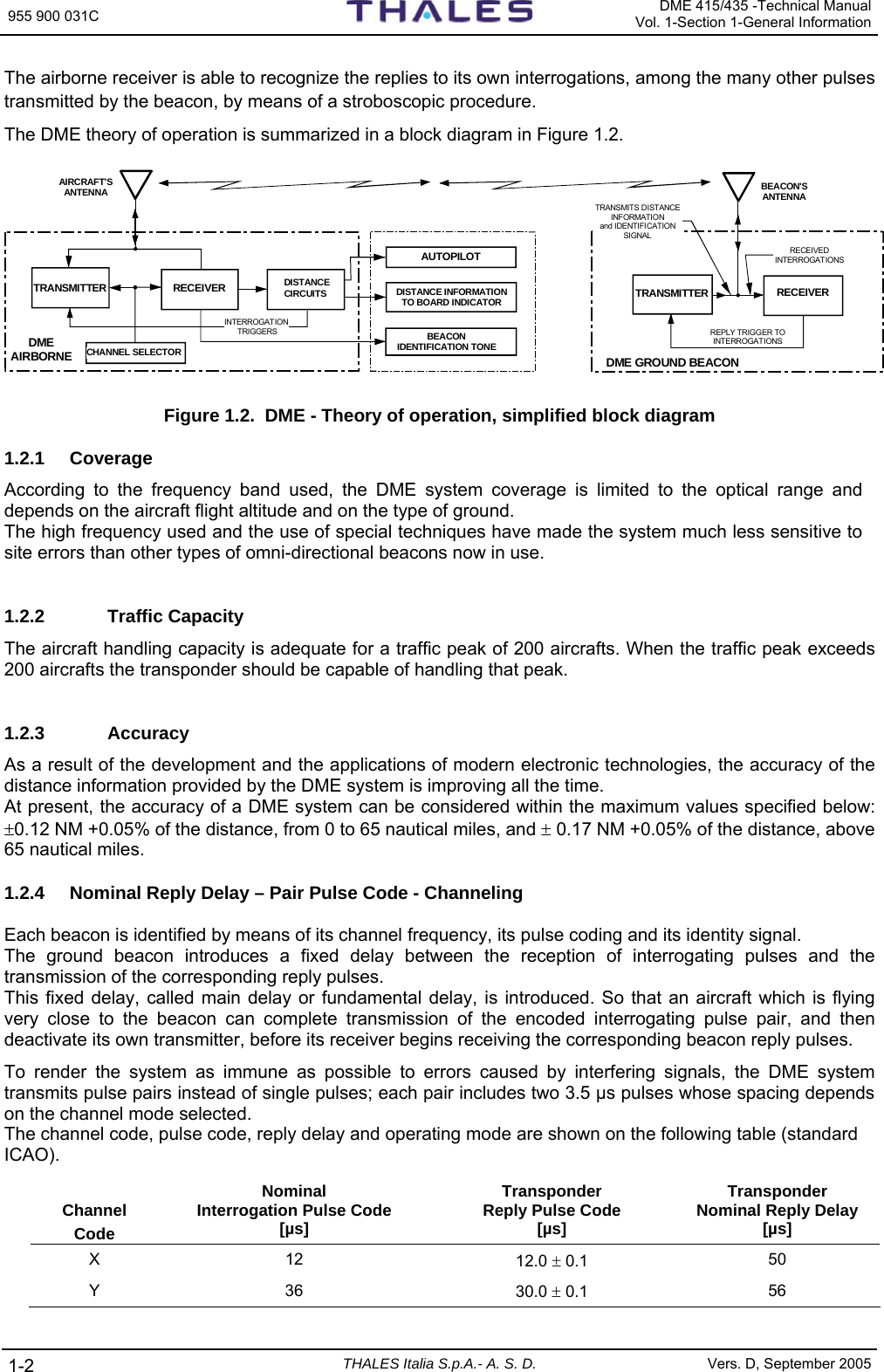 955 900 031C   DME 415/435 -Technical ManualVol. 1-Section 1-General Information 1-2  THALES Italia S.p.A.- A. S. D. Vers. D, September 2005 The airborne receiver is able to recognize the replies to its own interrogations, among the many other pulses transmitted by the beacon, by means of a stroboscopic procedure. The DME theory of operation is summarized in a block diagram in Figure 1.2. BEACONIDENTIFICATION TONETRANSMITTER RECEIVERAUTOPILOTTRANSMITTER RECEIVERDISTANCECIRCUITSDME AIRBORNE CHANNEL SELECTORDISTANCE INFORMATION TO BOARD INDICATORAIRCRAFT&apos;SANTENNADME GROUND BEACONTRANSMITS DISTANCE INFORMATIONand IDENTIFICATION SIGNALREPLY TRIGGER TO INTERROGATIONSRECEIVEDINTERROGATIONSBEACON&apos;SANTENNAINTERROGATION TRIGGERS Figure 1.2.  DME - Theory of operation, simplified block diagram 1.2.1 Coverage According to the frequency band used, the DME system coverage is limited to the optical range and depends on the aircraft flight altitude and on the type of ground.  The high frequency used and the use of special techniques have made the system much less sensitive to site errors than other types of omni-directional beacons now in use.   1.2.2   Traffic Capacity The aircraft handling capacity is adequate for a traffic peak of 200 aircrafts. When the traffic peak exceeds 200 aircrafts the transponder should be capable of handling that peak.  1.2.3   Accuracy As a result of the development and the applications of modern electronic technologies, the accuracy of the distance information provided by the DME system is improving all the time.  At present, the accuracy of a DME system can be considered within the maximum values specified below: ±0.12 NM +0.05% of the distance, from 0 to 65 nautical miles, and ± 0.17 NM +0.05% of the distance, above 65 nautical miles. 1.2.4  Nominal Reply Delay – Pair Pulse Code - Channeling Each beacon is identified by means of its channel frequency, its pulse coding and its identity signal. The ground beacon introduces a fixed delay between the reception of interrogating pulses and the transmission of the corresponding reply pulses. This fixed delay, called main delay or fundamental delay, is introduced. So that an aircraft which is flying very close to the beacon can complete transmission of the encoded interrogating pulse pair, and then deactivate its own transmitter, before its receiver begins receiving the corresponding beacon reply pulses. To render the system as immune as possible to errors caused by interfering signals, the DME system transmits pulse pairs instead of single pulses; each pair includes two 3.5 µs pulses whose spacing depends on the channel mode selected. The channel code, pulse code, reply delay and operating mode are shown on the following table (standard ICAO).   Channel Code Nominal Interrogation Pulse Code [µs] Transponder  Reply Pulse Code [µs] Transponder Nominal Reply Delay [µs] X 12  12.0 ± 0.1  50 Y 36  30.0 ± 0.1  56 