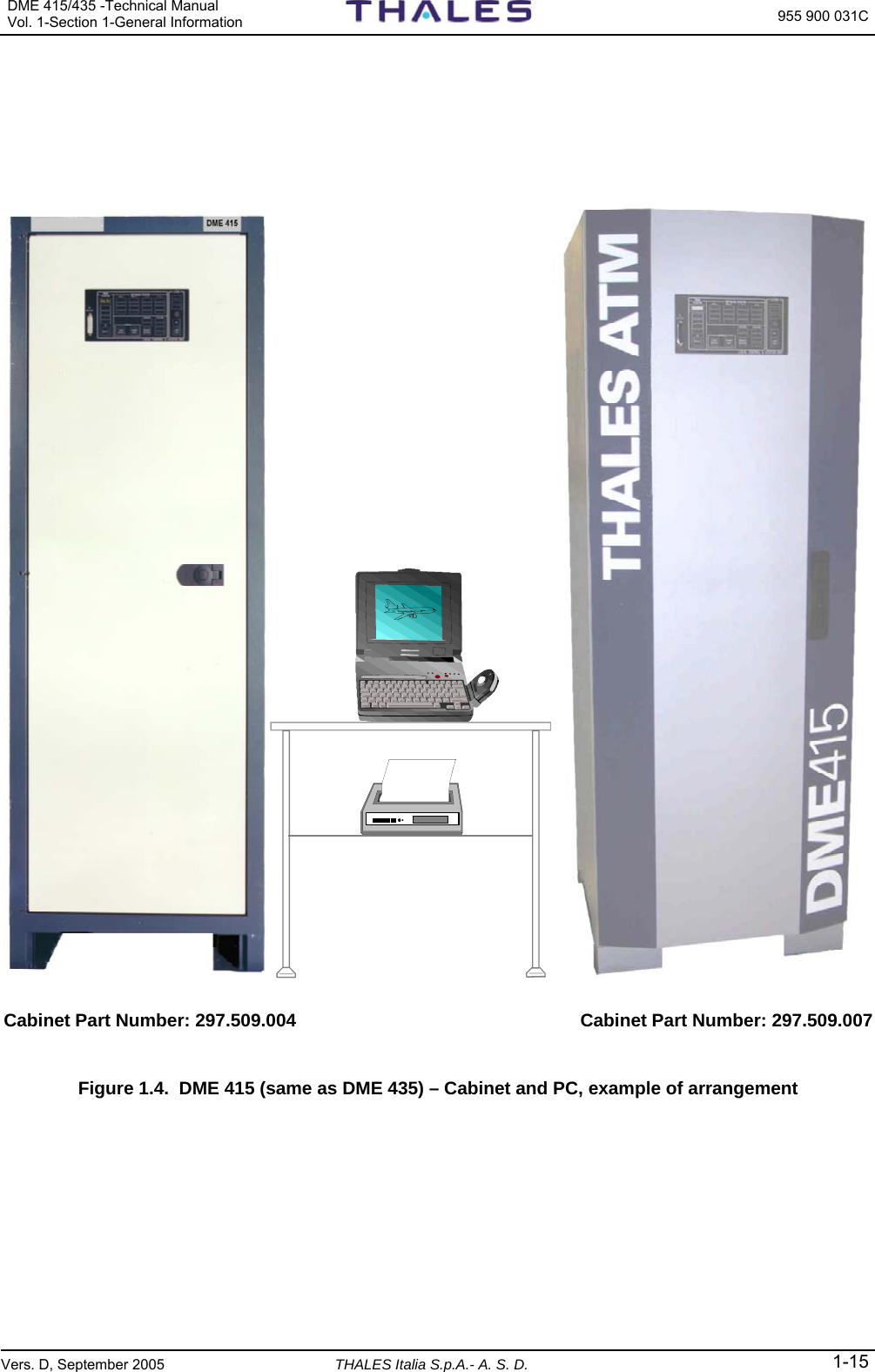 DME 415/435 -Technical Manual Vol. 1-Section 1-General Information  955 900 031C Vers. D, September 2005 THALES Italia S.p.A.- A. S. D. 1-15       Cabinet Part Number: 297.509.004  Cabinet Part Number: 297.509.007  Figure 1.4.  DME 415 (same as DME 435) – Cabinet and PC, example of arrangement  