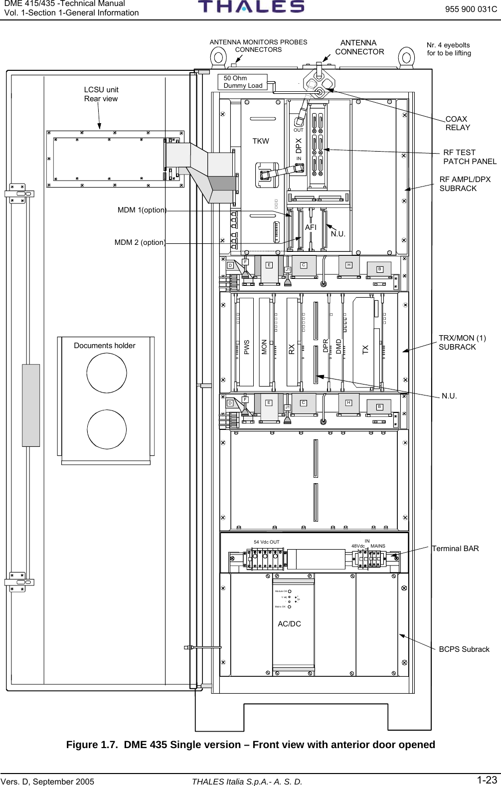 DME 415/435 -Technical Manual Vol. 1-Section 1-General Information  955 900 031C Vers. D, September 2005 THALES Italia S.p.A.- A. S. D. 1-23 DHBCEJ1FAFITXDMDDPRRX MONPWS DPX AC/DC Mod ule OKMain s OKV adj-TP+-OUTINTKW N.U.MAINS48VdcIN54 Vdc OUT  N.U.MDM 1(option)MDM 2 (option)DHBCEJ1F50 OhmDummy Load Nr. 4 eyebolts for to be liftingCOAXRELAYRF TESTPATCH PANELRF AMPL/DPXSUBRACK TRX/MON (1)SUBRACK Terminal BARBCPS SubrackLCSU unitRear viewANTENNA MONITORS PROBESCONNECTORS ANTENNA  CONNECTOR Documents holder Figure 1.7.  DME 435 Single version – Front view with anterior door opened 