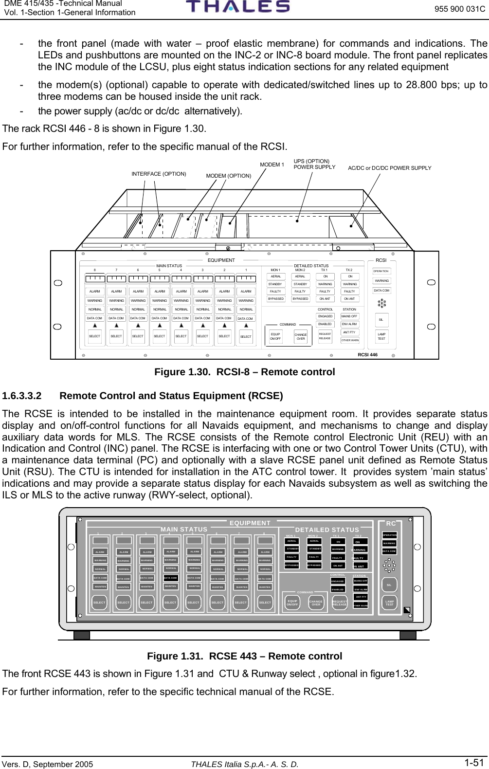 DME 415/435 -Technical Manual Vol. 1-Section 1-General Information  955 900 031C Vers. D, September 2005 THALES Italia S.p.A.- A. S. D. 1-51 -  the front panel (made with water – proof elastic membrane) for commands and indications. The LEDs and pushbuttons are mounted on the INC-2 or INC-8 board module. The front panel replicates the INC module of the LCSU, plus eight status indication sections for any related equipment -  the modem(s) (optional) capable to operate with dedicated/switched lines up to 28.800 bps; up to three modems can be housed inside the unit rack. -  the power supply (ac/dc or dc/dc  alternatively). The rack RCSI 446 - 8 is shown in Figure 1.30. For further information, refer to the specific manual of the RCSI. SELECTWAR NI NGNORMALDATA COMALARMSELECTWAR NI NGNORMA LDATA COMALARMSELECTWAR NI NGNORMALDATA COMALARMSELECTWAR NI NGNORMALDATA COMALARMSELECTWAR NI NGNORMALDATA COMALARMSELECTWAR NI NGNORMA LDATA COMALARMSELECTWA RNI N GNORMALDATA COMALARMSELECTWAR NI NGNORMALDATA COMALARMEQUIPMENT RCSIRCSI 4461234567DETAILED STATUSMAIN STATUSREQUESTRELEASEMON 1STANDBYAERIALMON 2 TX 1ON ANTFAULTYWA RNI NGONTX 2ON A NTFAULTYWA RNI NGONOPERATIONWA RNI NGDATA COMLAMPTESTSILFAULTYBYPASSEDFAULTYBYPASSEDOTHER WARNANT FTYENV ALRMMAI NS OFFENABLEDENGAGEDSTATIONCONTROLCHANGEOV EREQUIPON/ OFFCOMMAN DAERIALSTANDBY8INTERFACE (OPTION) MODEM (OPTION)MODEM 1 UPS (OPTION)POWER SUPPLY AC/DC or DC/DC POWER SUPPLY  Figure 1.30.  RCSI-8 – Remote control 1.6.3.3.2  Remote Control and Status Equipment (RCSE) The RCSE is intended to be installed in the maintenance equipment room. It provides separate status display and on/off-control functions for all Navaids equipment, and mechanisms to change and display auxiliary data words for MLS. The RCSE consists of the Remote control Electronic Unit (REU) with an Indication and Control (INC) panel. The RCSE is interfacing with one or two Control Tower Units (CTU), with a maintenance data terminal (PC) and optionally with a slave RCSE panel unit defined as Remote Status Unit (RSU). The CTU is intended for installation in the ATC control tower. It  provides system ’main status’ indications and may provide a separate status display for each Navaids subsystem as well as switching the ILS or MLS to the active runway (RWY-select, optional). MAIN STATUS DETAILED STATUSEQUIPMENTCOMMANDRCMON 1 MON 2 TX 1 TX 212 345 67 8CONTROL STATIONALARMWARNINGNORMALDATA COMMAINTENALARMWARNINGNOR MALDAT A COMMAINTENALARMWARNINGNOR MALDAT A COMMAINTENALARMWARNINGNORMALDATA COMMAINTENALARMWARNINGNORMALDATA COMMAINTENALARMWARNINGNORMALDATA COMMAINTENAERIALSTANDBYFAULTYBYPASSEDONWARNINGFAULTYON ANTONWARNINGFAULTYON ANTENGAGEDENABLEDMAINS OFFENV ALRMANT  FTYOTHER WARNOPERATIONWARNINGDATA COMALARMWARNINGNOR MALDAT A COMMAINTENALA RMWARNINGNOR MALDAT A COMMAINTENAERIALSTANDBYFAULTYBYPASSEDSELECT SELECT SELECT SELECT SELECT SELECT SELECT SELECT EQUIPON/OFF CHANGEOVER REQUESTRELEASE LAMPTESTSIL  Figure 1.31.  RCSE 443 – Remote control  The front RCSE 443 is shown in Figure 1.31 and  CTU &amp; Runway select , optional in figure1.32. For further information, refer to the specific technical manual of the RCSE.  