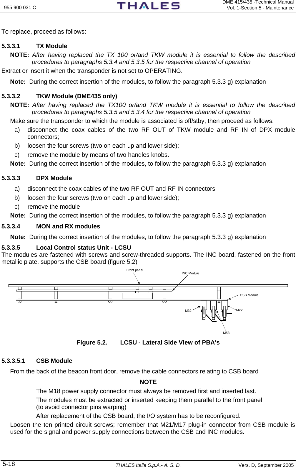  955 900 031 C   DME 415/435 -Technical ManualVol. 1-Section 5 - Maintenance 5-18 THALES Italia S.p.A.- A. S. D. Vers. D, September 2005 To replace, proceed as follows: 5.3.3.1 TX Module NOTE:  After having replaced the TX 100 or/and TKW module it is essential to follow the described procedures to paragraphs 5.3.4 and 5.3.5 for the respective channel of operation Extract or insert it when the transponder is not set to OPERATING.  Note:  During the correct insertion of the modules, to follow the paragraph 5.3.3 g) explanation 5.3.3.2  TKW Module (DME435 only) NOTE:  After having replaced the TX100 or/and TKW module it is essential to follow the described procedures to paragraphs 5.3.5 and 5.3.4 for the respective channel of operation Make sure the transponder to which the module is associated is off/stby, then proceed as follows: a)  disconnect the coax cables of the two RF OUT of TKW module and RF IN of DPX module connectors; b)  loosen the four screws (two on each up and lower side); c)  remove the module by means of two handles knobs. Note:  During the correct insertion of the modules, to follow the paragraph 5.3.3 g) explanation 5.3.3.3 DPX Module a)  disconnect the coax cables of the two RF OUT and RF IN connectors b)  loosen the four screws (two on each up and lower side); c)  remove the module Note:  During the correct insertion of the modules, to follow the paragraph 5.3.3 g) explanation 5.3.3.4  MON and RX modules Note:  During the correct insertion of the modules, to follow the paragraph 5.3.3 g) explanation 5.3.3.5  Local Control status Unit - LCSU  The modules are fastened with screws and screw-threaded supports. The INC board, fastened on the front metallic plate, supports the CSB board (figure 5.2) CSB ModuleINC ModuleM32M53M22Front panel Figure 5.2.  LCSU - Lateral Side View of PBA&apos;s 5.3.3.5.1 CSB Module From the back of the beacon front door, remove the cable connectors relating to CSB board  NOTE The M18 power supply connector must always be removed first and inserted last.  The modules must be extracted or inserted keeping them parallel to the front panel (to avoid connector pins warping) After replacement of the CSB board, the I/O system has to be reconfigured. Loosen the ten printed circuit screws; remember that M21/M17 plug-in connector from CSB module is used for the signal and power supply connections between the CSB and INC modules. 