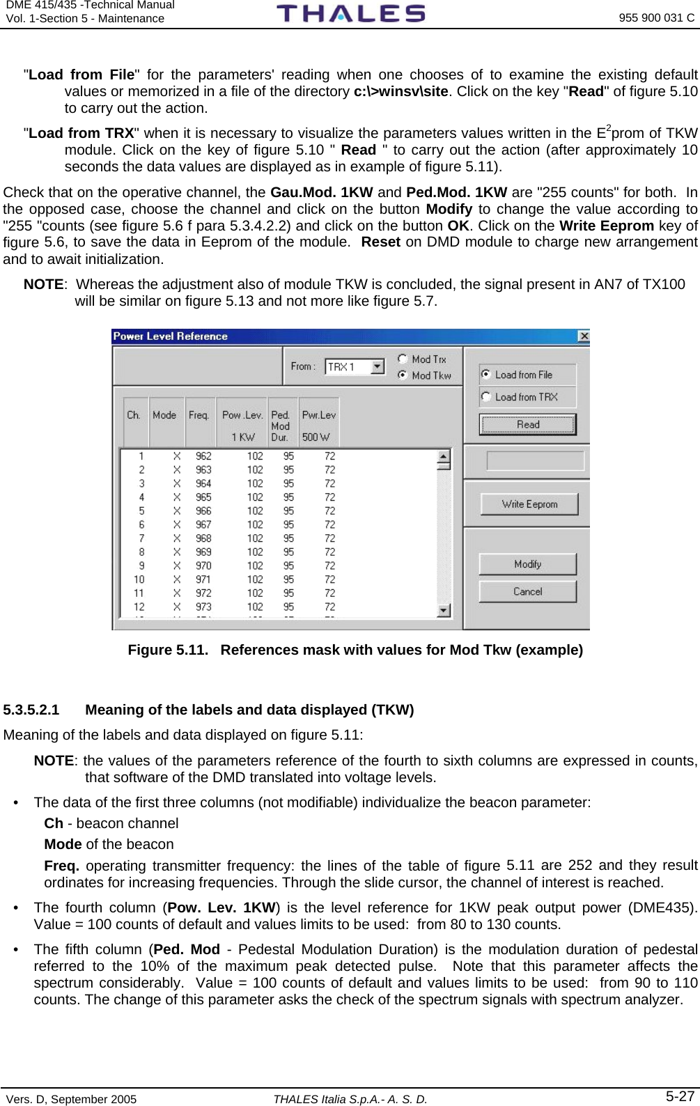 DME 415/435 -Technical Manual Vol. 1-Section 5 - Maintenance    955 900 031 C Vers. D, September 2005  THALES Italia S.p.A.- A. S. D. 5-27 &quot;Load from File&quot; for the parameters&apos; reading when one chooses of to examine the existing default values or memorized in a file of the directory c:\&gt;winsv\site. Click on the key &quot;Read&quot; of figure 5.10 to carry out the action.   &quot;Load from TRX&quot; when it is necessary to visualize the parameters values written in the E2prom of TKW module. Click on the key of figure 5.10 &quot; Read &quot; to carry out the action (after approximately 10 seconds the data values are displayed as in example of figure 5.11). Check that on the operative channel, the Gau.Mod. 1KW and Ped.Mod. 1KW are &quot;255 counts&quot; for both.  In the opposed case, choose the channel and click on the button Modify to change the value according to &quot;255 &quot;counts (see figure 5.6 f para 5.3.4.2.2) and click on the button OK. Click on the Write Eeprom key of figure 5.6, to save the data in Eeprom of the module.  Reset on DMD module to charge new arrangement and to await initialization.   NOTE:  Whereas the adjustment also of module TKW is concluded, the signal present in AN7 of TX100 will be similar on figure 5.13 and not more like figure 5.7.   Figure 5.11.  References mask with values for Mod Tkw (example)   5.3.5.2.1  Meaning of the labels and data displayed (TKW) Meaning of the labels and data displayed on figure 5.11: NOTE: the values of the parameters reference of the fourth to sixth columns are expressed in counts, that software of the DMD translated into voltage levels.  •  The data of the first three columns (not modifiable) individualize the beacon parameter: Ch - beacon channel  Mode of the beacon Freq. operating transmitter frequency: the lines of the table of figure 5.11 are 252 and they result ordinates for increasing frequencies. Through the slide cursor, the channel of interest is reached. •  The fourth column (Pow. Lev. 1KW) is the level reference for 1KW peak output power (DME435).  Value = 100 counts of default and values limits to be used:  from 80 to 130 counts. •  The fifth column (Ped. Mod - Pedestal Modulation Duration) is the modulation duration of pedestal referred to the 10% of the maximum peak detected pulse.  Note that this parameter affects the spectrum considerably.  Value = 100 counts of default and values limits to be used:  from 90 to 110 counts. The change of this parameter asks the check of the spectrum signals with spectrum analyzer.  