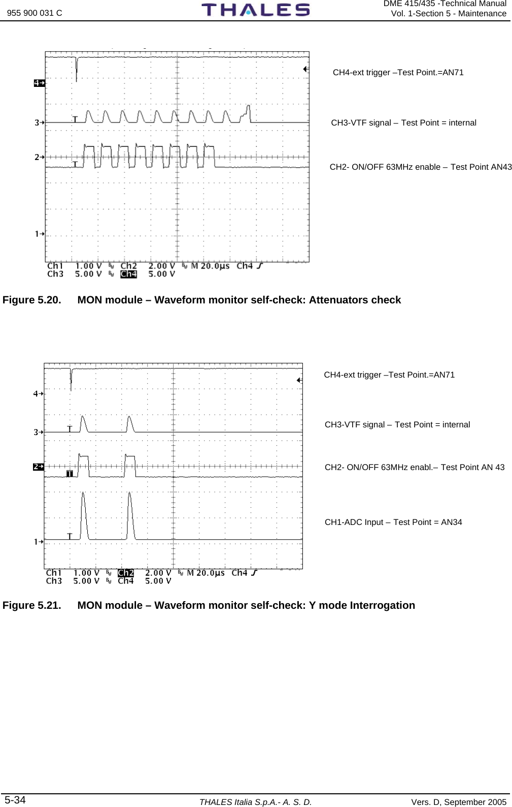  955 900 031 C   DME 415/435 -Technical ManualVol. 1-Section 5 - Maintenance 5-34 THALES Italia S.p.A.- A. S. D. Vers. D, September 2005  Figure 5.20.  MON module – Waveform monitor self-check: Attenuators check     Figure 5.21.  MON module – Waveform monitor self-check: Y mode Interrogation    CH4-ext trigger –Test Point.=AN71  CH3-VTF signal – Test Point = internal  CH2- ON/OFF 63MHz enable – Test Point AN43  CH4-ext trigger –Test Point.=AN71  CH3-VTF signal – Test Point = internal  CH2- ON/OFF 63MHz enabl.– Test Point AN 43  CH1-ADC Input – Test Point = AN34  