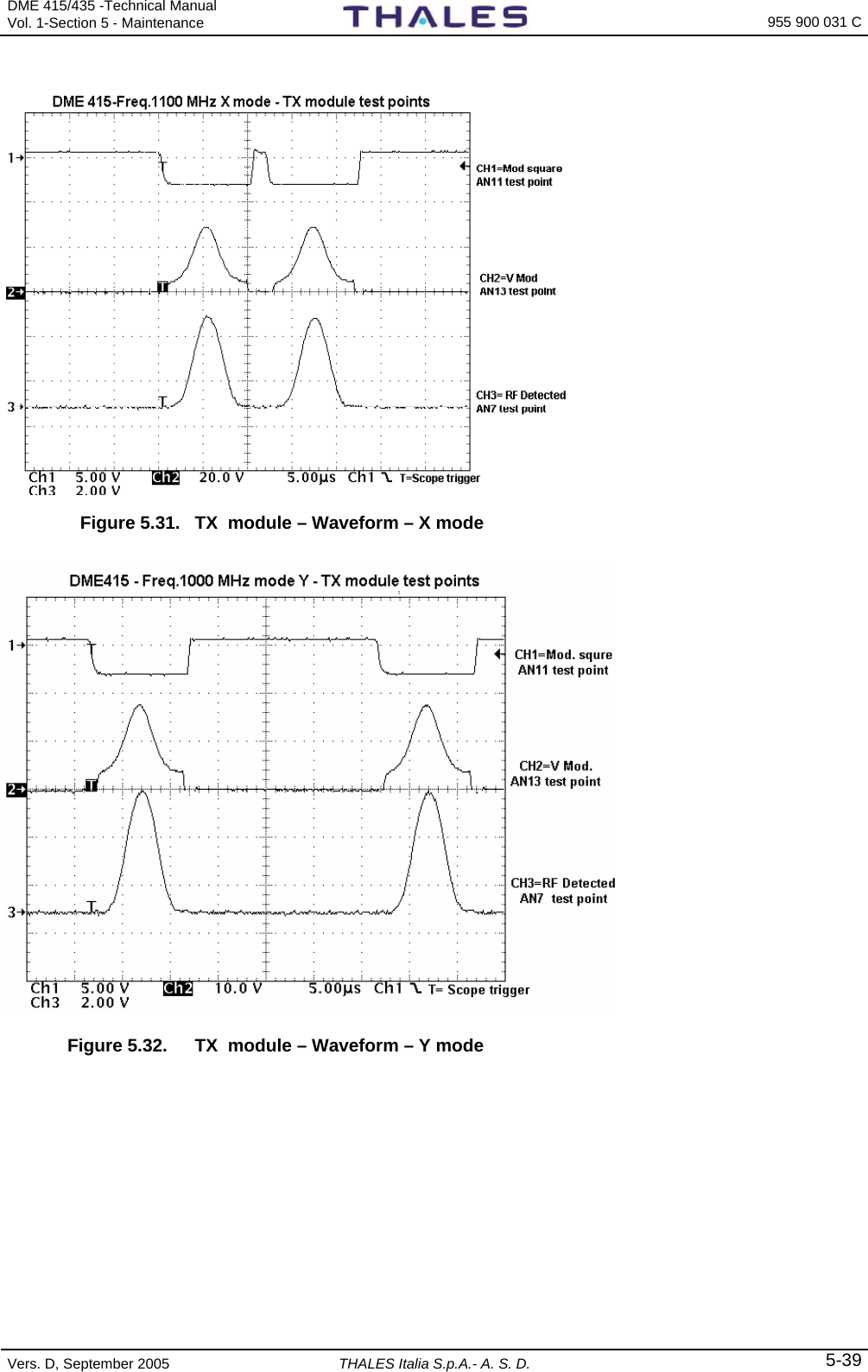 DME 415/435 -Technical Manual Vol. 1-Section 5 - Maintenance    955 900 031 C Vers. D, September 2005  THALES Italia S.p.A.- A. S. D. 5-39  Figure 5.31.  TX  module – Waveform – X mode   Figure 5.32.  TX  module – Waveform – Y mode      