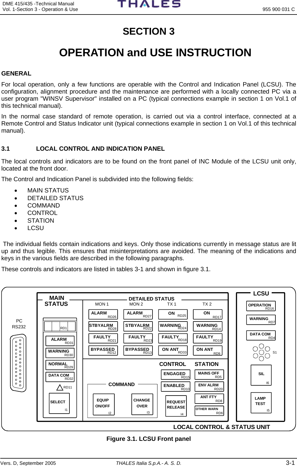 DME 415/435 -Technical Manual  Vol. 1-Section 3 - Operation &amp; Use   955 900 031 C Vers. D, September 2005 THALES Italia S.p.A.- A. S. D. 3-1 SECTION 3   OPERATION and USE INSTRUCTION GENERAL For local operation, only a few functions are operable with the Control and Indication Panel (LCSU). The configuration, alignment procedure and the maintenance are performed with a locally connected PC via a user program &quot;WINSV Supervisor&quot; installed on a PC (typical connections example in section 1 on Vol.1 of this technical manual). In the normal case standard of remote operation, is carried out via a control interface, connected at a Remote Control and Status Indicator unit (typical connections example in section 1 on Vol.1 of this technical manual).  3.1  LOCAL CONTROL AND INDICATION PANEL The local controls and indicators are to be found on the front panel of INC Module of the LCSU unit only, located at the front door.  The Control and Indication Panel is subdivided into the following fields: •  MAIN STATUS  • DETAILED STATUS • COMMAND • CONTROL • STATION  • LCSU   The individual fields contain indications and keys. Only those indications currently in message status are lit up and thus legible. This ensures that misinterpretations are avoided. The meaning of the indications and keys in the various fields are described in the following paragraphs. These controls and indicators are listed in tables 3-1 and shown in figure 3.1.    MON 1 MON 2 TX 1 TX 2DETAILED STATUS LCSULOCAL CONTROL &amp; STATUS UNITCONTROL STATIONALARMWARNINGNORMALDATA COMALARM ALARMWARNING WARNINGWARNINGCOMMANDSTBYALRM STBYALRMON ONFAULTY FAULTY FAULTY FAULTYBYPASSED BYPASSED ON ANT ON ANTOPERATIONENGAGEDENABLEDMAINS OFFENV ALRMANT FTYOTHER WARNCHANGEOVEREQUIPON/OFFSELECT LAMPTESTREQUESTRELEASESILDATA COMPCRS232 RD1RD31RD30RD29RD32RD11RD26RD28RD21RD12RD27RD22RD23RD13RD25RD24RD18RD33RD17RD14RD19RD9RD15RD10RD5RD20RD8RD6RD7RD16RD4S1I6I5I4I3I2I1MAINSTATUS Figure 3.1. LCSU Front panel  