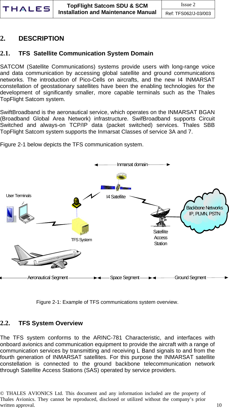 Issue 2   TopFlight Satcom SDU &amp; SCM Installation and Maintenance Manual Ref: TFS062/J-03/003  © THALES AVIONICS Ltd. This document and any information included are the property of Thales Avionics. They cannot be reproduced, disclosed or utilized without the company’s prior written approval.    10      2.  DESCRIPTION  2.1.  TFS  Satellite Communication System Domain  SATCOM (Satellite Communications) systems provide users with long-range voice and data communication by accessing global satellite and ground communications networks. The introduction of Pico-Cells on aircrafts, and the new I4 INMARSAT constellation of geostationary satellites have been the enabling technologies for the development of significantly smaller, more capable terminals such as the Thales TopFlight Satcom system.   SwiftBroadband is the aeronautical service, which operates on the INMARSAT BGAN (Broadband Global Area Network) infrastructure. SwifBroadband supports Circuit Switched and always-on TCP/IP data (packet switched) services. Thales SBB TopFlight Satcom system supports the Inmarsat Classes of service 3A and 7.  Figure 2-1 below depicts the TFS communication system.   Inmarsat domainTFS SystemI4 SatelliteBackbone NetworksIP, PLMN, PSTNUser TerminalsAeronautical SegmentSatelliteAccessStationSpace SegmentGround Segment  Figure 2-1: Example of TFS communications system overview.   2.2.  TFS System Overview  The TFS system conforms to the ARINC-781 Characteristic, and interfaces with onboard avionics and communication equipment to provide the aircraft with a range of communication services by transmitting and receiving L Band signals to and from the fourth generation of INMARSAT satellites. For this purpose the INMARSAT satellite constellation is connected to the ground backbone telecommunication network through Satellite Access Stations (SAS) operated by service providers.   