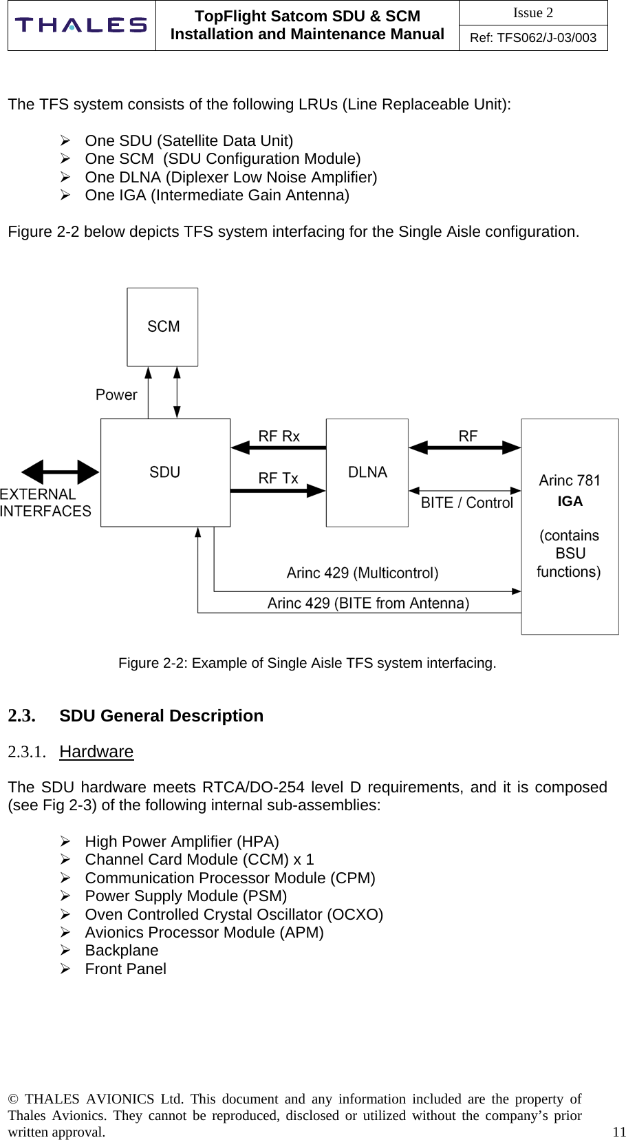 Issue 2   TopFlight Satcom SDU &amp; SCM Installation and Maintenance Manual Ref: TFS062/J-03/003  © THALES AVIONICS Ltd. This document and any information included are the property of Thales Avionics. They cannot be reproduced, disclosed or utilized without the company’s prior written approval.    11      The TFS system consists of the following LRUs (Line Replaceable Unit):   One SDU (Satellite Data Unit)   One SCM  (SDU Configuration Module)  One DLNA (Diplexer Low Noise Amplifier)  One IGA (Intermediate Gain Antenna)  Figure 2-2 below depicts TFS system interfacing for the Single Aisle configuration.     Figure 2-2: Example of Single Aisle TFS system interfacing.   2.3.  SDU General Description  2.3.1.  Hardware  The SDU hardware meets RTCA/DO-254 level D requirements, and it is composed (see Fig 2-3) of the following internal sub-assemblies:   High Power Amplifier (HPA)  Channel Card Module (CCM) x 1  Communication Processor Module (CPM)  Power Supply Module (PSM)  Oven Controlled Crystal Oscillator (OCXO)  Avionics Processor Module (APM)  Backplane  Front Panel     IGA 