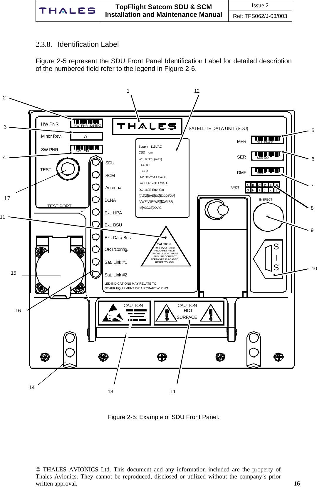 Issue 2   TopFlight Satcom SDU &amp; SCM Installation and Maintenance Manual Ref: TFS062/J-03/003  © THALES AVIONICS Ltd. This document and any information included are the property of Thales Avionics. They cannot be reproduced, disclosed or utilized without the company’s prior written approval.    16      2.3.8.  Identification Label   Figure 2-5 represent the SDU Front Panel Identification Label for detailed description of the numbered field refer to the legend in Figure 2-6.   HW PNR Minor Rev. SW PNR TEST SDU SCM Antenna HW  PNR  82155X30  SW  PNRA TEST PORT DLNA Ext. HPA Ext. BSU Ext. Data Bus ORT/Config. Sat. Link #1 Sat. Link #2 LED INDICATIONS MAY RELATE TOOTHER EQUIPMENT OR AIRCRAFT WIRINGCAUTIONTHIS EQUIPMENTREQUIRES FIELDLOADABLE SOFTWAREENSURE CORRECTSOFTWARE IS LOADEDREFER TO AMMSupply   115VACCSD    cmWt.  9.5kg  (max)FAA TCFCC idHW DO-254 Level CSW DO-178B Level DDO-160E Env. Cat[(A2)Z]BAE[SC]EXXXFXA[A(WF)]A[R(WF)][ZW][RR]M[A3G33]XXACSATELLITE DATA UNIT (SDU) MFR SER DMF MFR K0385 SER NO DMF INSPECT AMDT A B C D E F G H I J K L S S I 2 123 4 56713 1191011 1 8CAUTION CAUTIONSURFACEHOT16 15 14   Figure 2-5: Example of SDU Front Panel.     17