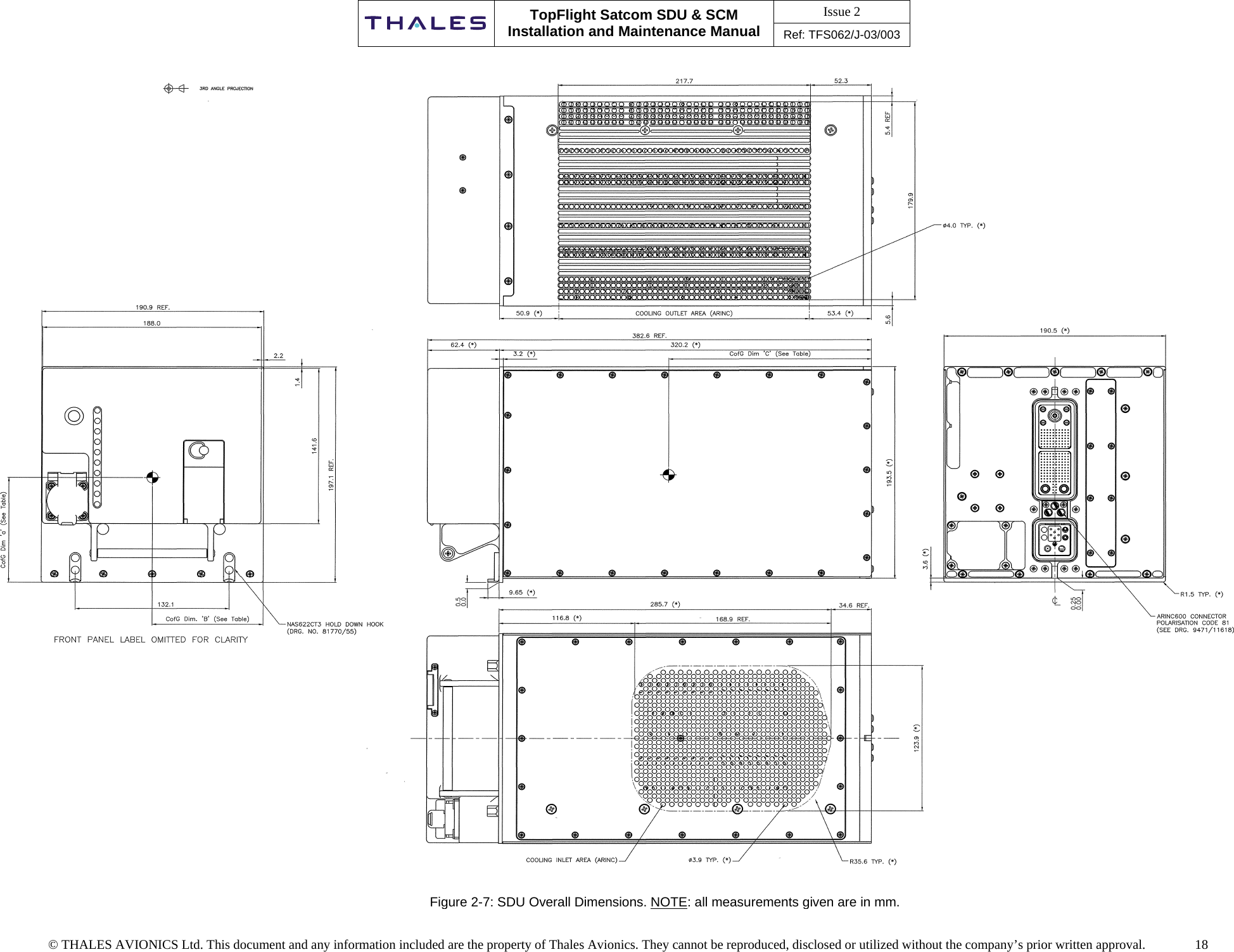 Issue 2   TopFlight Satcom SDU &amp; SCM Installation and Maintenance Manual Ref: TFS062/J-03/003   © THALES AVIONICS Ltd. This document and any information included are the property of Thales Avionics. They cannot be reproduced, disclosed or utilized without the company’s prior written approval.               18                                        Figure 2-7: SDU Overall Dimensions. NOTE: all measurements given are in mm.