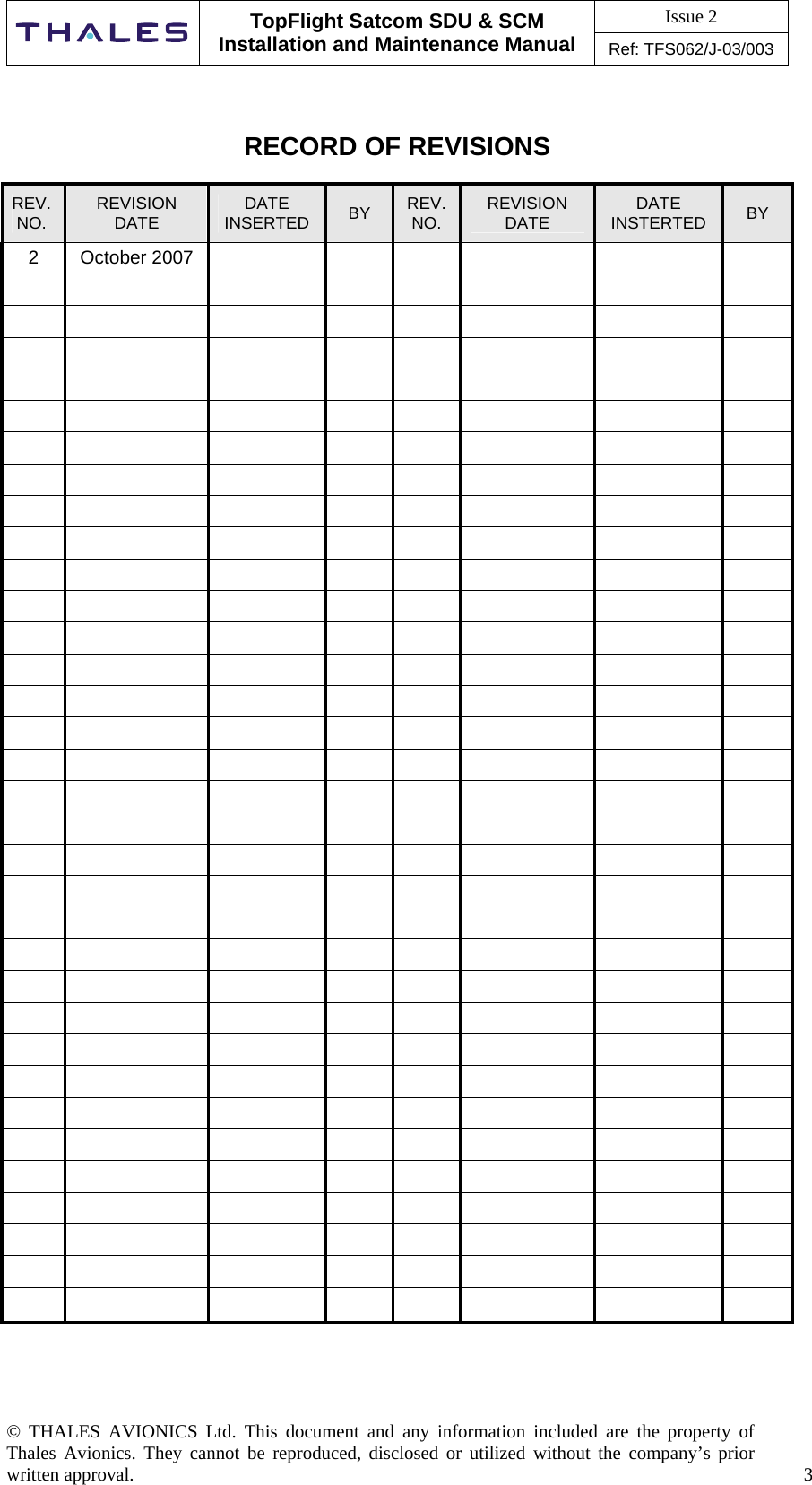 Issue 2   TopFlight Satcom SDU &amp; SCM Installation and Maintenance Manual Ref: TFS062/J-03/003  © THALES AVIONICS Ltd. This document and any information included are the property of Thales Avionics. They cannot be reproduced, disclosed or utilized without the company’s prior written approval.    3      RECORD OF REVISIONS  REV. NO.  REVISION DATE  DATE INSERTED  BY  REV. NO.  REVISION DATE  DATE INSTERTED  BY 2 October 2007                                                                                                                                                                                                                                                                                                                                                       