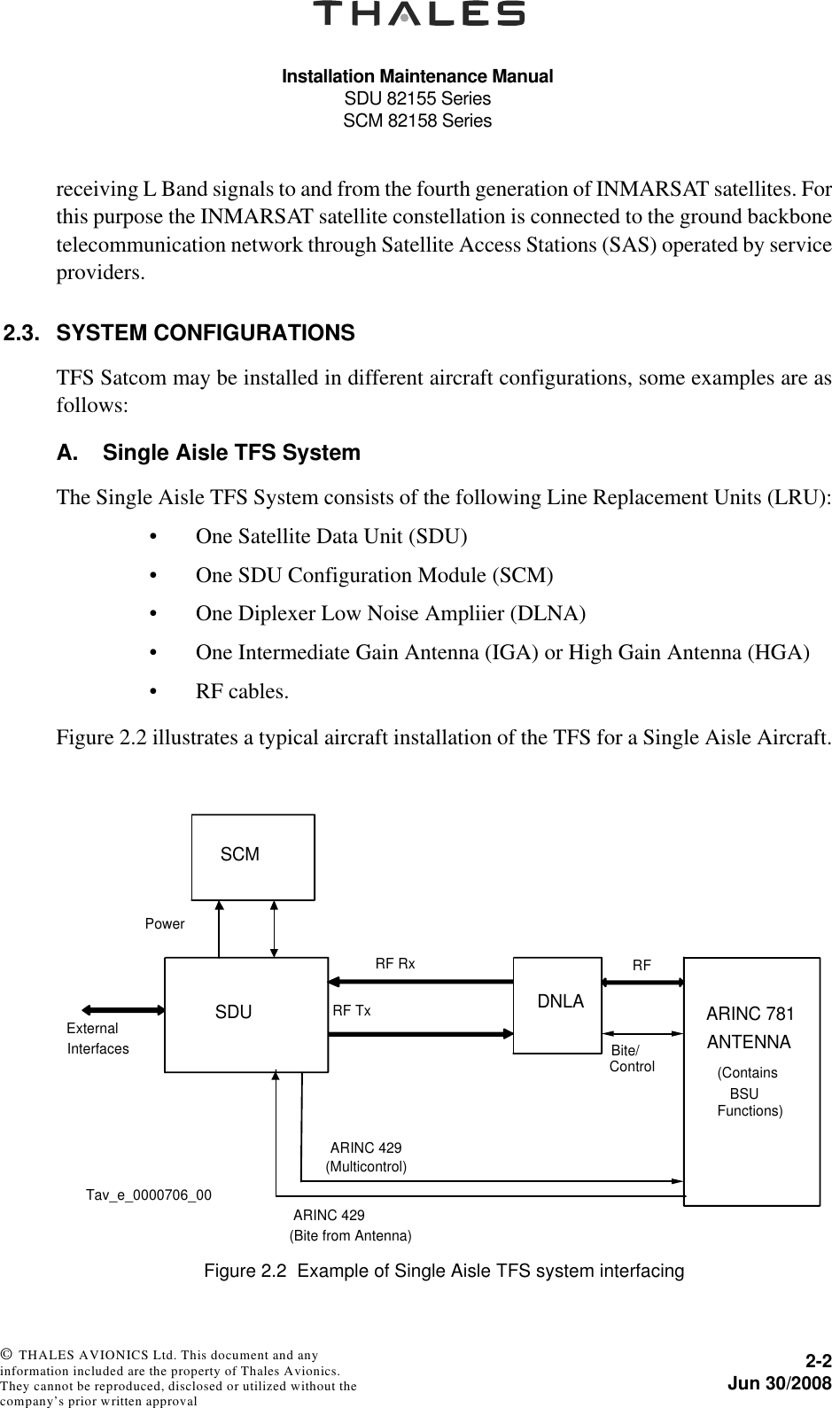 Installation Maintenance ManualSDU 82155 SeriesSCM 82158 Series2-2Jun 30/2008 © THALES AVIONICS Ltd. This document and any information included are the property of Thales Avionics. They cannot be reproduced, disclosed or utilized without the company’s prior written approval receiving L Band signals to and from the fourth generation of INMARSAT satellites. Forthis purpose the INMARSAT satellite constellation is connected to the ground backbonetelecommunication network through Satellite Access Stations (SAS) operated by serviceproviders.2.3. SYSTEM CONFIGURATIONSTFS Satcom may be installed in different aircraft configurations, some examples are asfollows:A. Single Aisle TFS SystemThe Single Aisle TFS System consists of the following Line Replacement Units (LRU):• One Satellite Data Unit (SDU) • One SDU Configuration Module (SCM)• One Diplexer Low Noise Ampliier (DLNA)• One Intermediate Gain Antenna (IGA) or High Gain Antenna (HGA)• RF cables.Figure 2.2 illustrates a typical aircraft installation of the TFS for a Single Aisle Aircraft.Figure 2.2  Example of Single Aisle TFS system interfacingSCMSDU DNLA ARINC 781ANTENNA(Contains BSUFunctions)PowerARINC 429(Multicontrol)ARINC 429(Bite from Antenna)RFRF RxRF TxBite/ControlExternalInterfacesTav_e_0000706_00