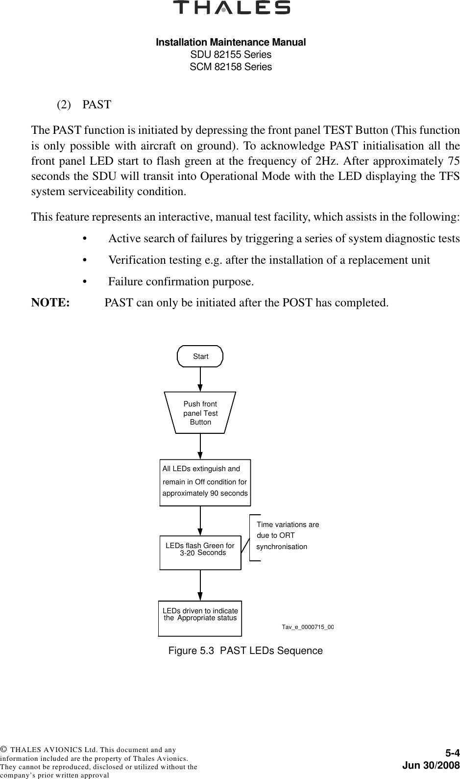 Installation Maintenance ManualSDU 82155 SeriesSCM 82158 Series5-4Jun 30/2008 © THALES AVIONICS Ltd. This document and any information included are the property of Thales Avionics. They cannot be reproduced, disclosed or utilized without the company’s prior written approval (2) PASTThe PAST function is initiated by depressing the front panel TEST Button (This functionis only possible with aircraft on ground). To acknowledge PAST initialisation all thefront panel LED start to flash green at the frequency of 2Hz. After approximately 75seconds the SDU will transit into Operational Mode with the LED displaying the TFSsystem serviceability condition.This feature represents an interactive, manual test facility, which assists in the following:• Active search of failures by triggering a series of system diagnostic tests• Verification testing e.g. after the installation of a replacement unit• Failure confirmation purpose.NOTE: PAST can only be initiated after the POST has completed.Figure 5.3  PAST LEDs SequencePush frontpanel TestButtonAll LEDs extinguish andremain in Off condition forapproximately 90 secondsStartLEDs flash Green for 3-20 SecondsLEDs driven to indicate the Appropriate statusTime variations aredue to ORTsynchronisationTav_e_0000715_00