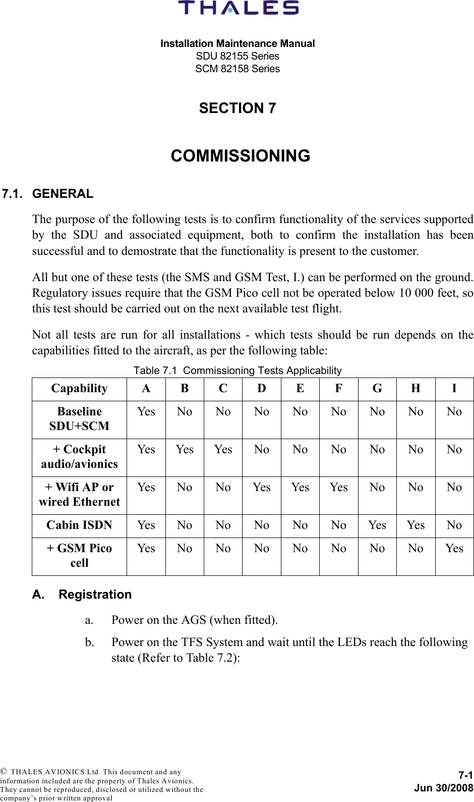 Installation Maintenance ManualSDU 82155 SeriesSCM 82158 Series7-1Jun 30/2008 © THALES AVIONICS Ltd. This document and any information included are the property of Thales Avionics. They cannot be reproduced, disclosed or utilized without the company’s prior written approval SECTION 770000COMMISSIONING7.1. GENERALThe purpose of the following tests is to confirm functionality of the services supportedby the SDU and associated equipment, both to confirm the installation has beensuccessful and to demostrate that the functionality is present to the customer.All but one of these tests (the SMS and GSM Test, I.) can be performed on the ground.Regulatory issues require that the GSM Pico cell not be operated below 10 000 feet, sothis test should be carried out on the next available test flight.Not all tests are run for all installations - which tests should be run depends on thecapabilities fitted to the aircraft, as per the following table:Table 7.1  Commissioning Tests ApplicabilityA. Registrationa. Power on the AGS (when fitted).b. Power on the TFS System and wait until the LEDs reach the following state (Refer to Table 7.2):Capability A B C D E F G H IBaseline SDU+SCMYesNoNoNoNoNoNoNoNo+ Cockpit audio/avionicsYesYesYesNoNoNoNoNoNo+ Wifi AP or wired EthernetYes No No Yes Yes Yes No No NoCabin ISDN YesNoNoNoNoNoYesYesNo+ GSM Pico cellYesNoNoNoNoNoNoNoYes