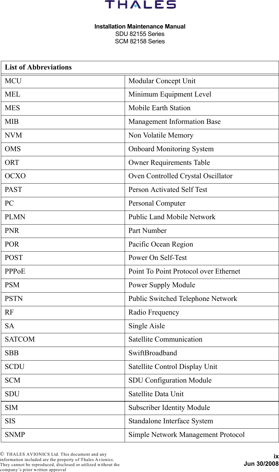 Installation Maintenance ManualSDU 82155 SeriesSCM 82158 SeriesixJun 30/2008 © THALES AVIONICS Ltd. This document and any information included are the property of Thales Avionics. They cannot be reproduced, disclosed or utilized without the company’s prior written approval MCU Modular Concept UnitMEL Minimum Equipment LevelMES Mobile Earth StationMIB Management Information BaseNVM Non Volatile MemoryOMS Onboard Monitoring SystemORT Owner Requirements TableOCXO Oven Controlled Crystal OscillatorPAST Person Activated Self TestPC Personal ComputerPLMN Public Land Mobile NetworkPNR Part NumberPOR Pacific Ocean RegionPOST Power On Self-TestPPPoE Point To Point Protocol over EthernetPSM Power Supply ModulePSTN Public Switched Telephone NetworkRF Radio FrequencySA Single AisleSATCOM Satellite CommunicationSBB SwiftBroadbandSCDU Satellite Control Display UnitSCM SDU Configuration ModuleSDU Satellite Data UnitSIM Subscriber Identity ModuleSIS Standalone Interface SystemSNMP Simple Network Management ProtocolList of Abbreviations